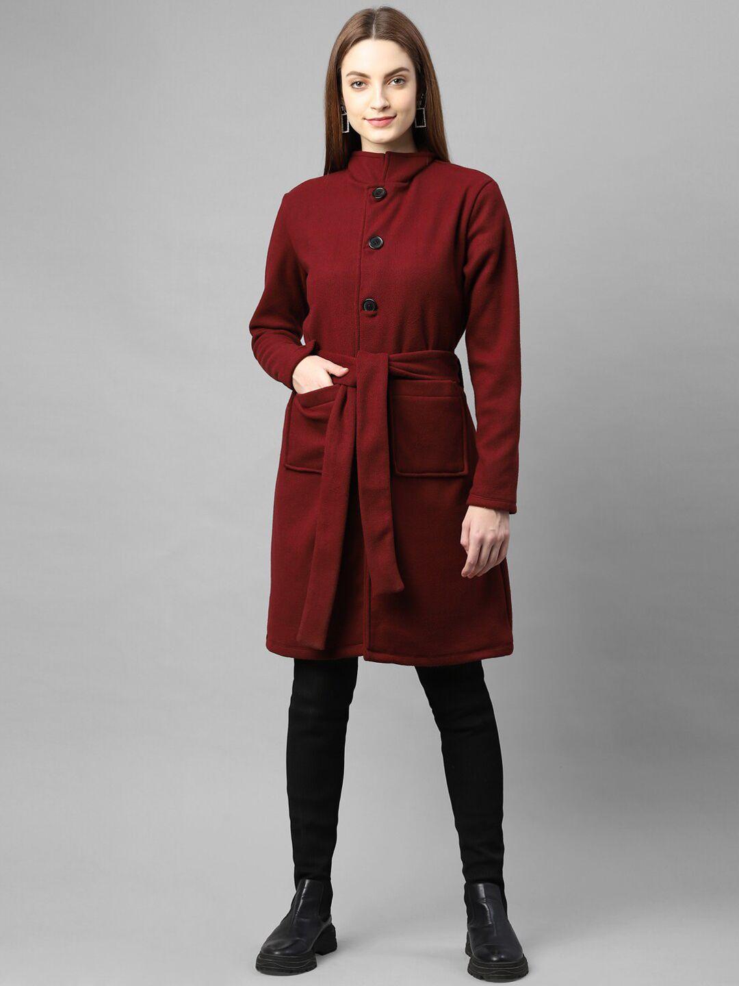 rigo women maroon solid slim fit knee-length cotton overcoat