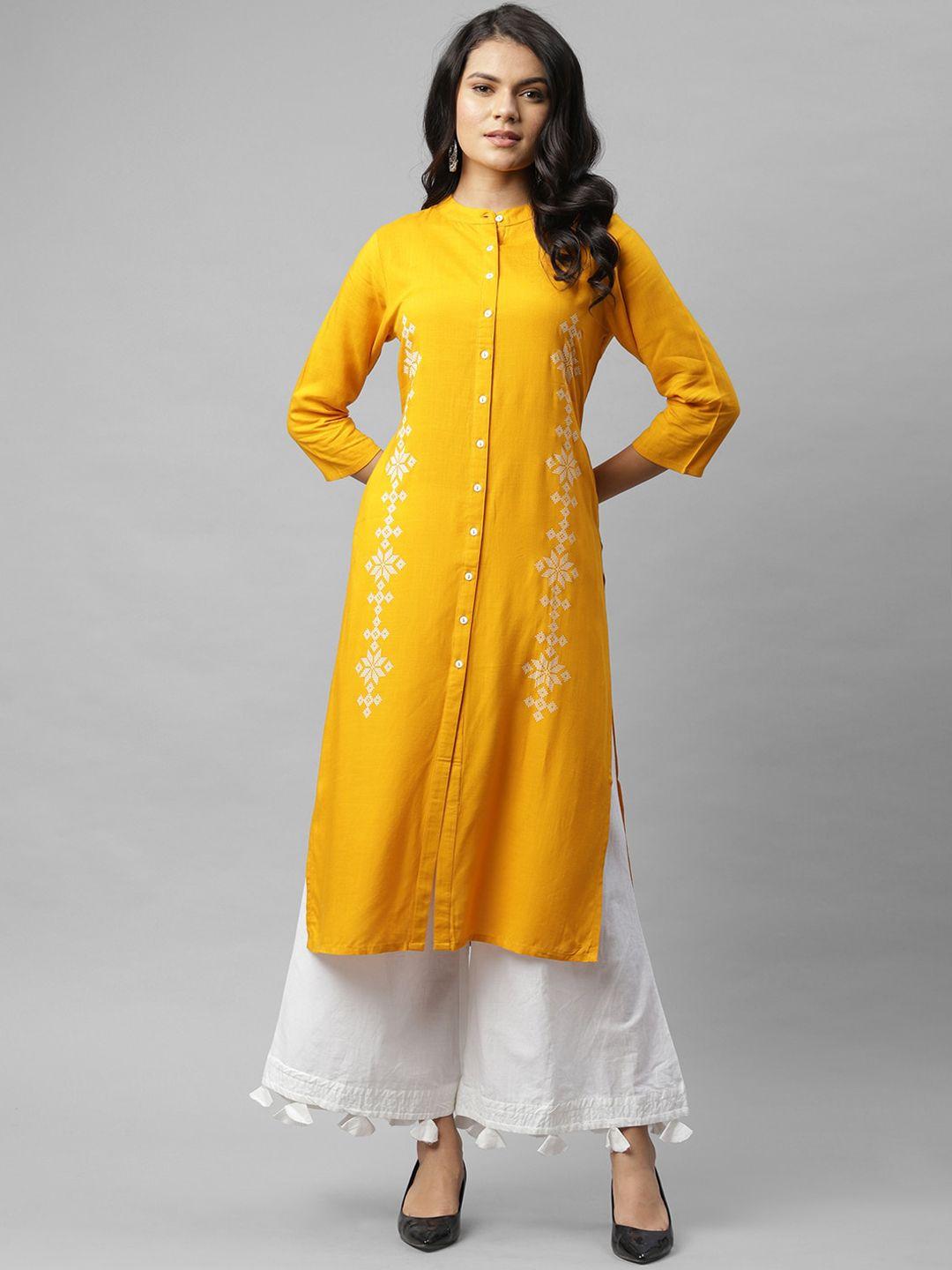 rigo women mustard yellow & white ethnic motifs printed straight kurta