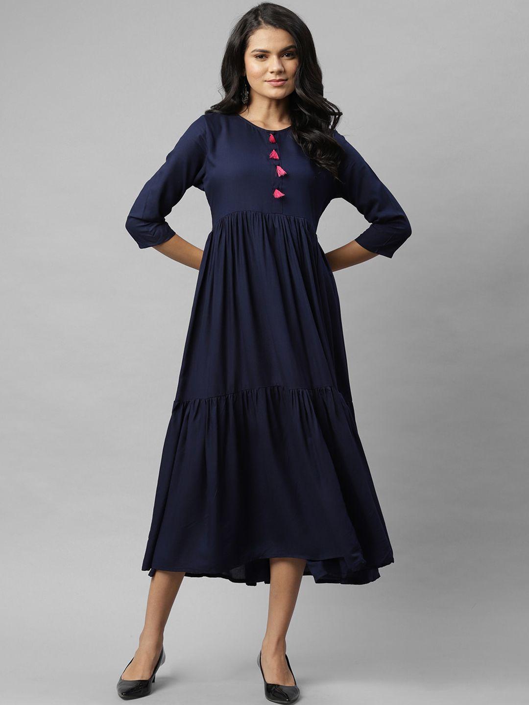 rigo women navy blue & pink solid  round neck anarkali kurta