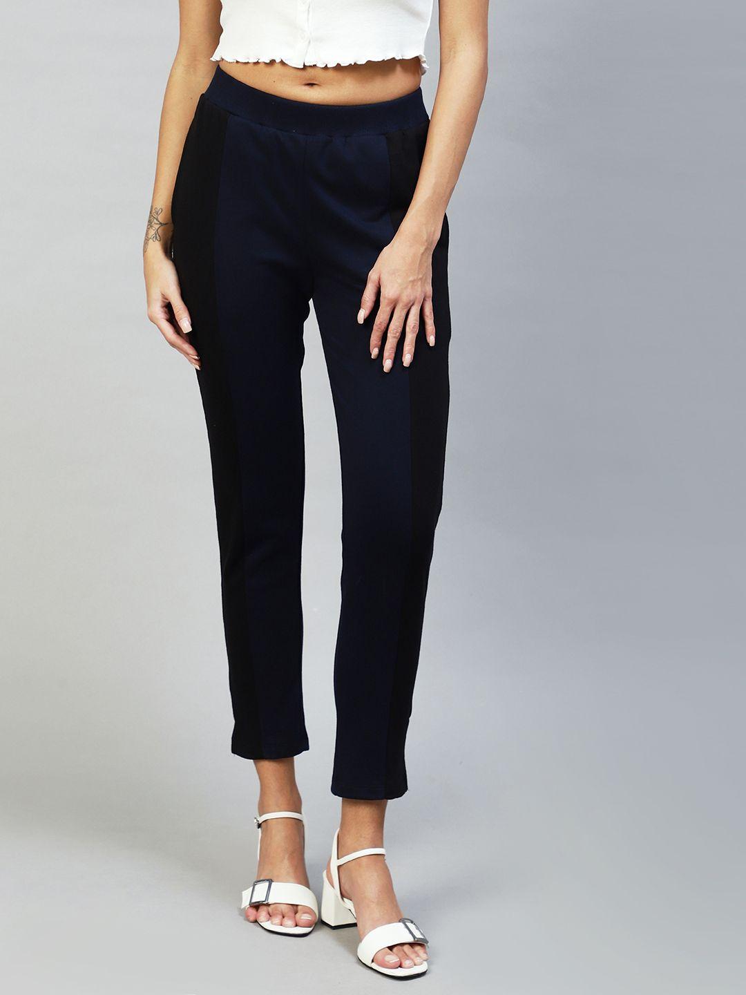 rigo women navy blue comfort slim fit trousers