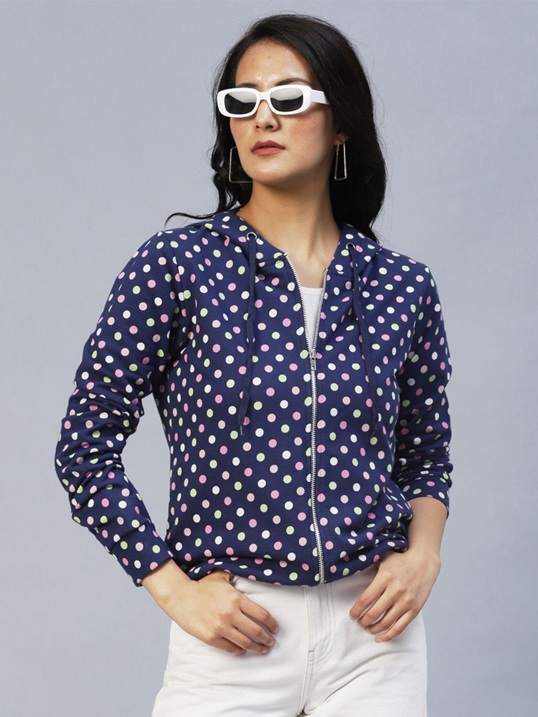 rigo women navy-blue polka dots lightweight hooded cotton outdoor tailored jacket