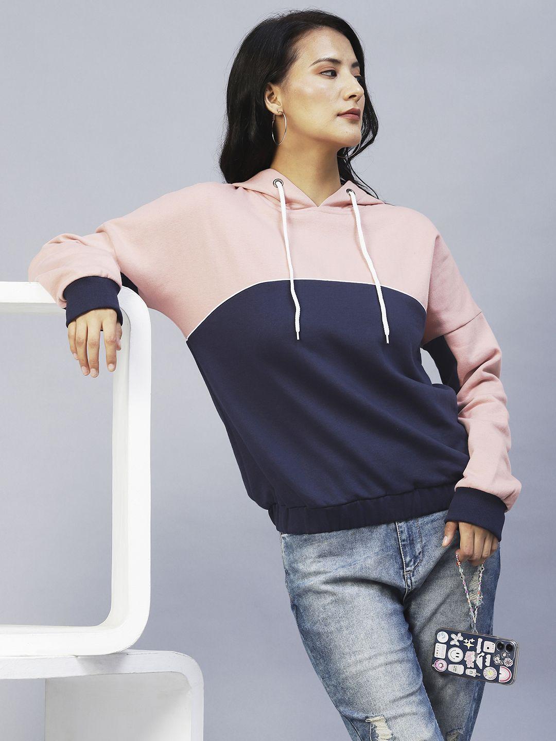 rigo women peach-coloured colourblocked fleece hooded sweatshirt