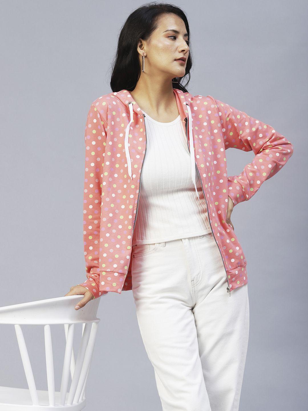 rigo women peach-coloured polka dots lightweight hooded outdoor tailored jacket
