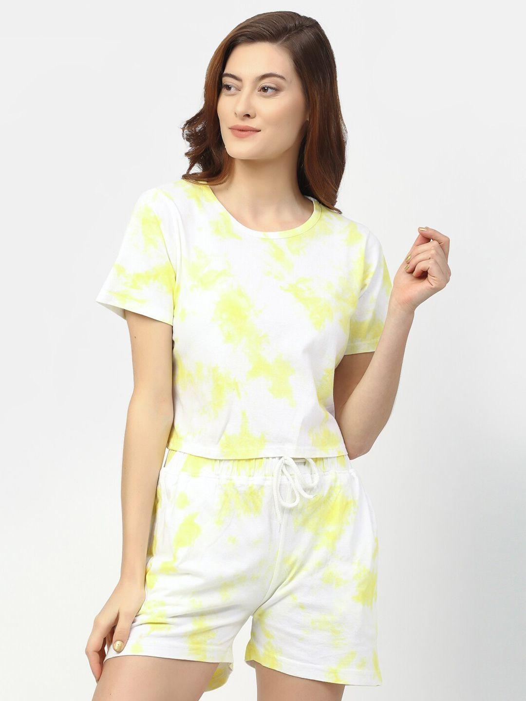 rigo women white & yellow dyed cotton top with shorts