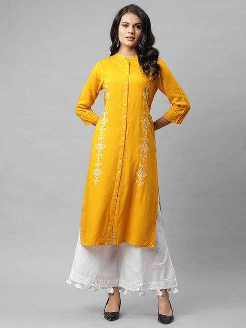 rigo yellow printed straight kurta with mask