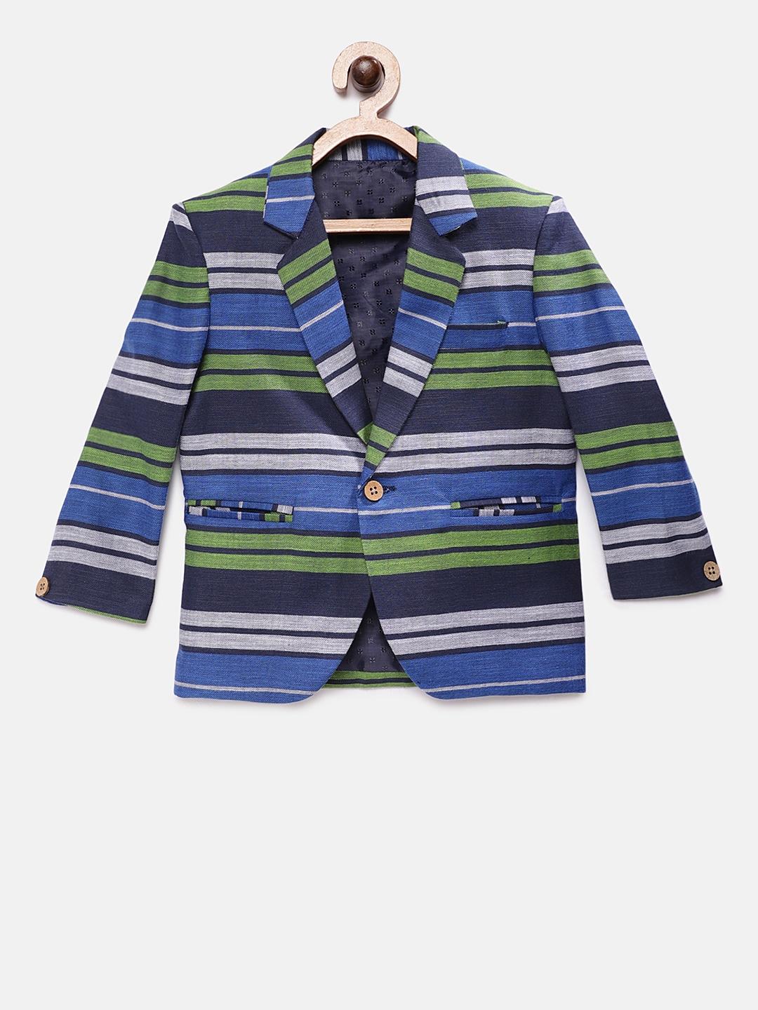 rikidoos boys blue striped tailored fit single-breasted pure cotton blazer