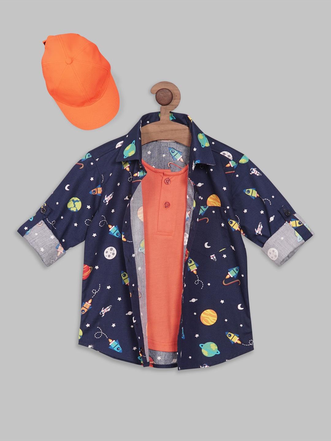 rikidoos boys conversational printed casual cotton shirt with attached t-shirt & cap