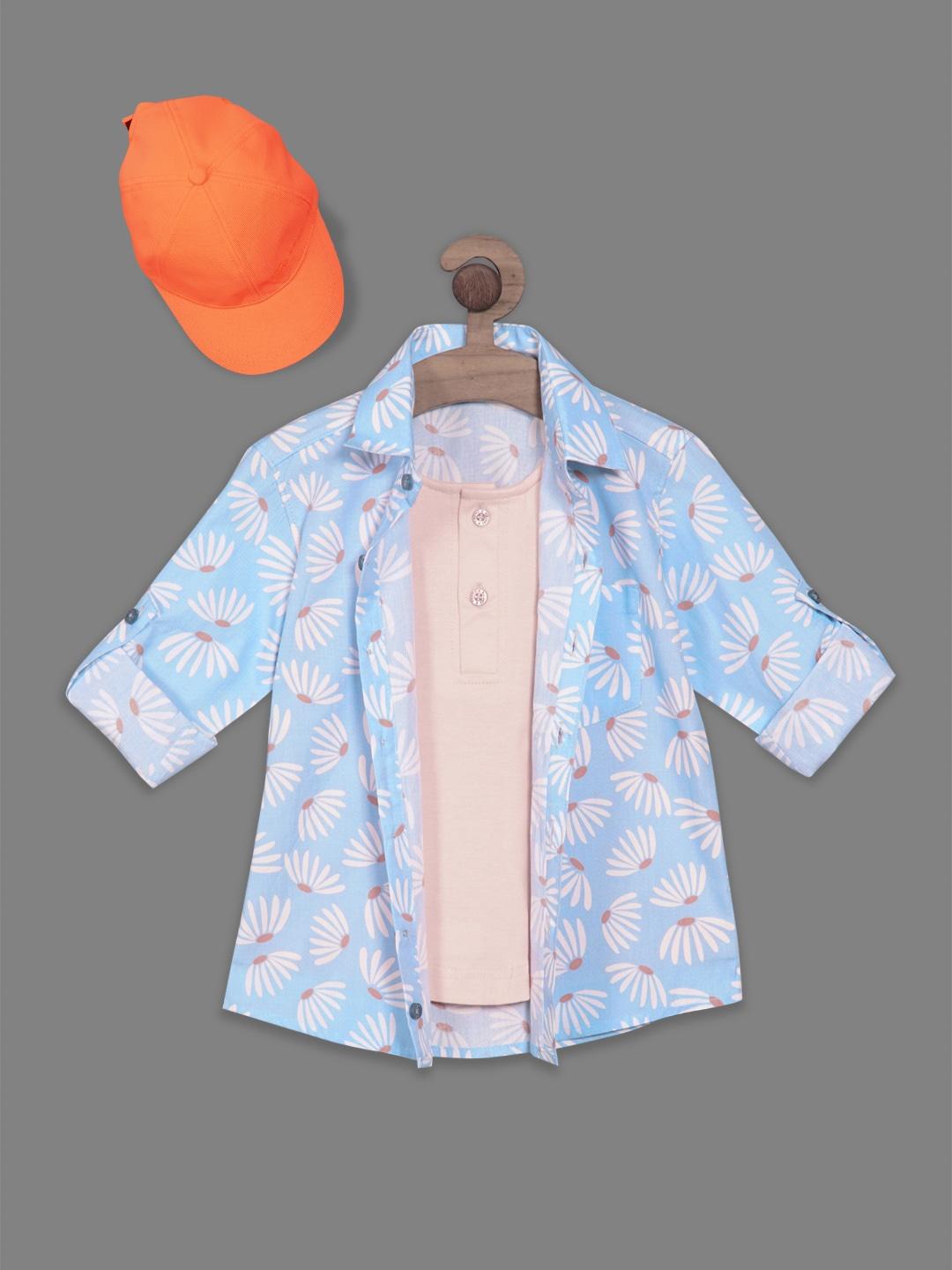 rikidoos boys floral printed casual cotton shirt with attached t-shirt & cap