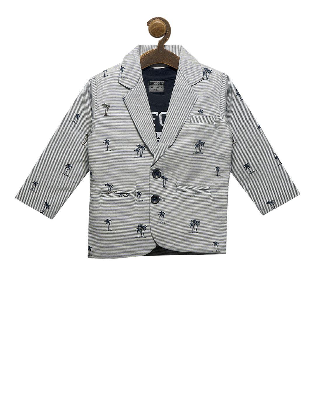 rikidoos boys grey & navy blue printed single-breasted blazer with tshirt