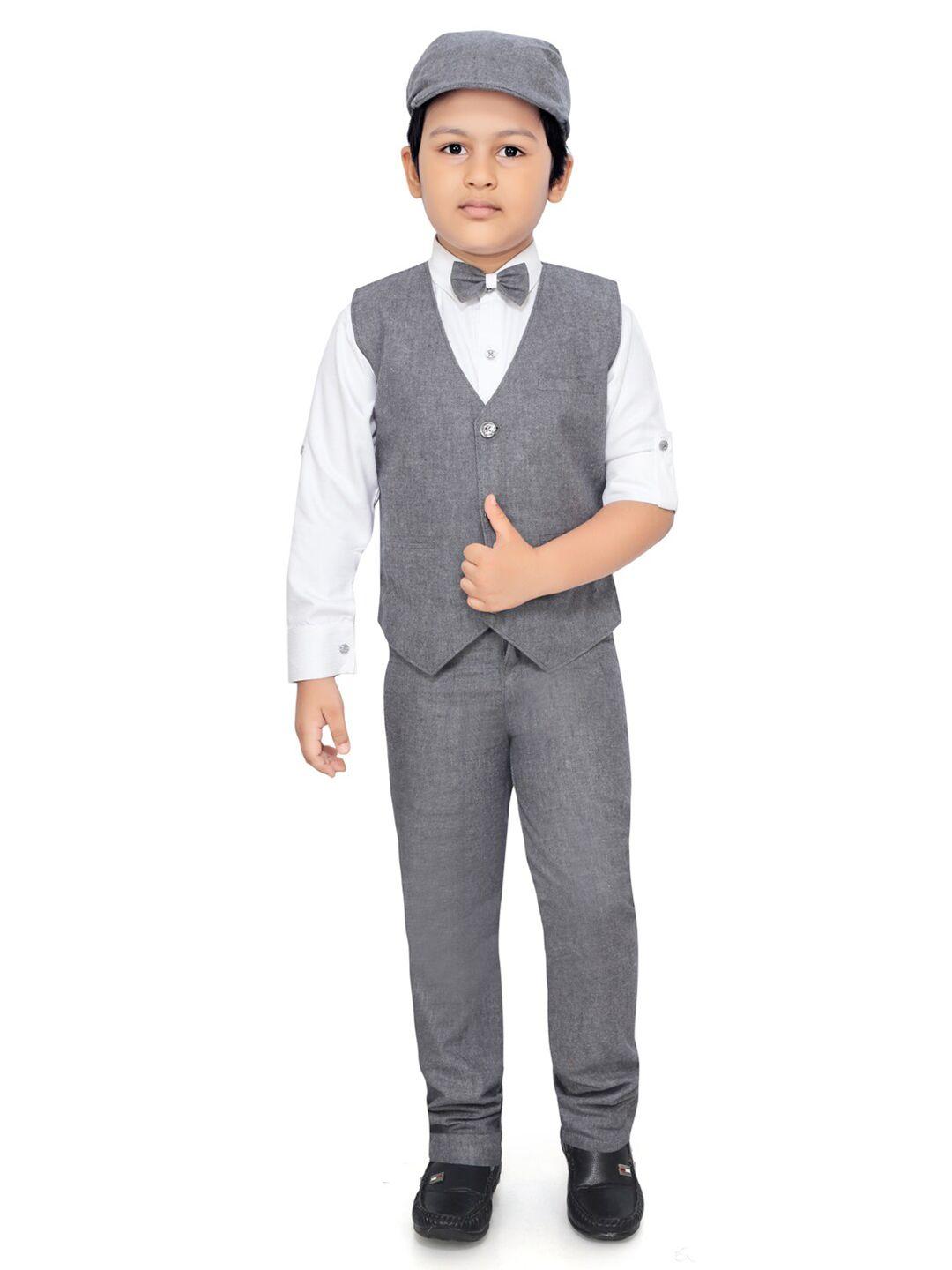 rikidoos boys grey & white 3 pc shirt & trousers with waistcoat with cap & bow tie set