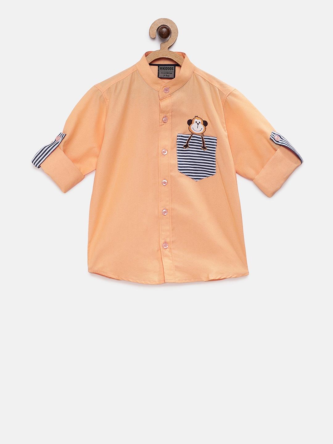 rikidoos boys peach-coloured tailored fit striped casual shirt