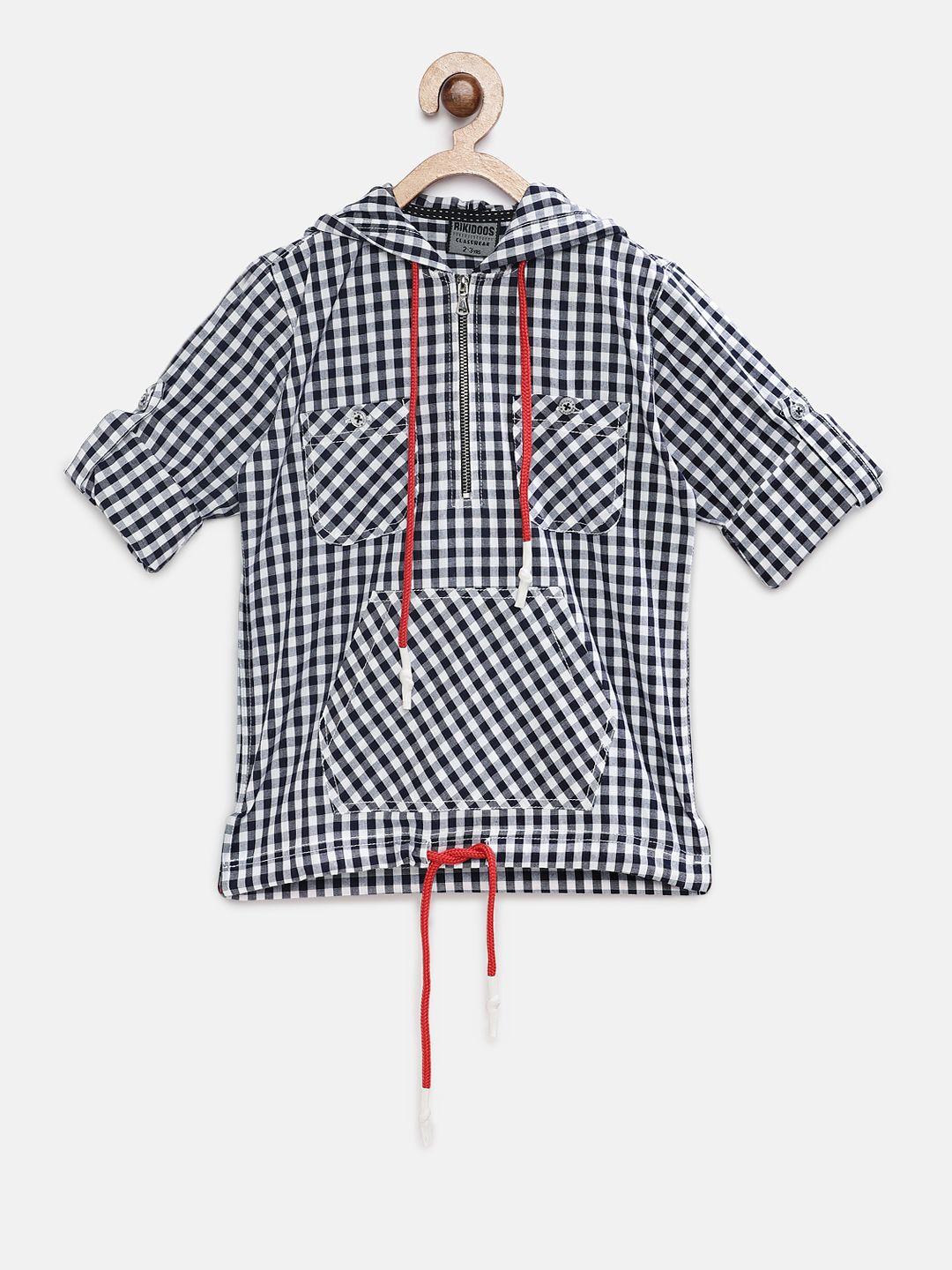 rikidoos boys blue & white checked hood t-shirt