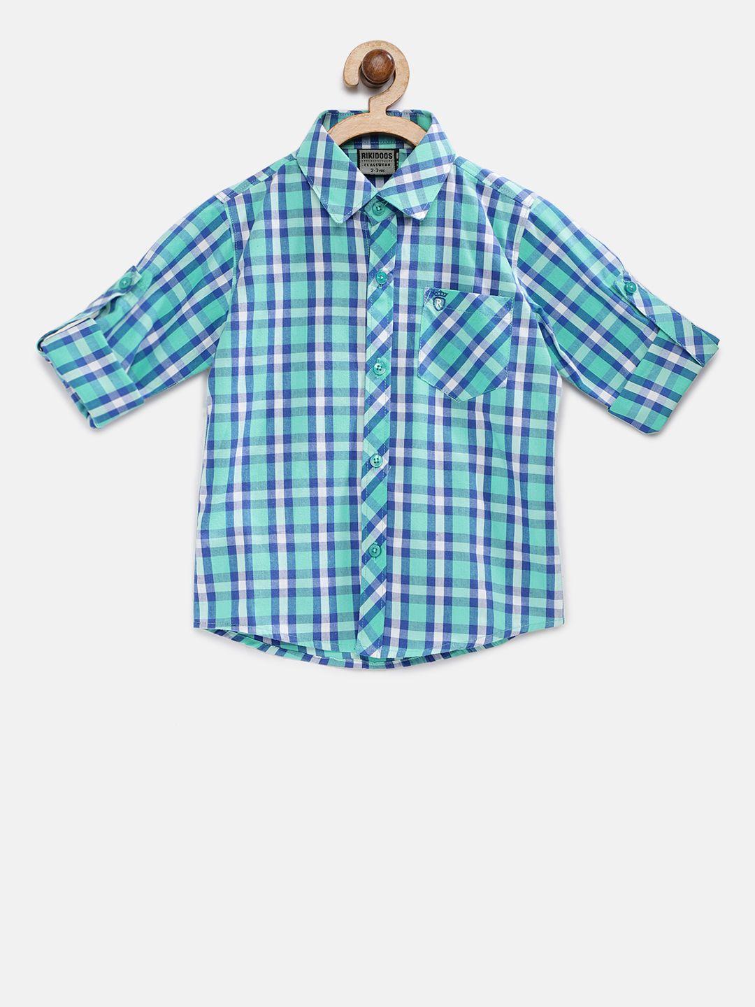 rikidoos boys green & blue regular fit checked casual shirt