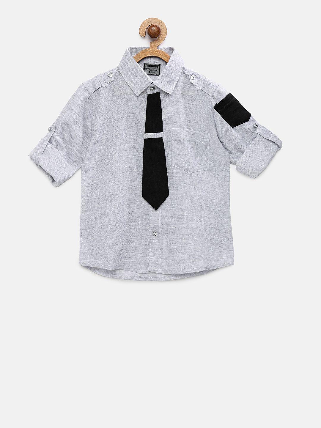 rikidoos boys grey regular fit solid casual shirt