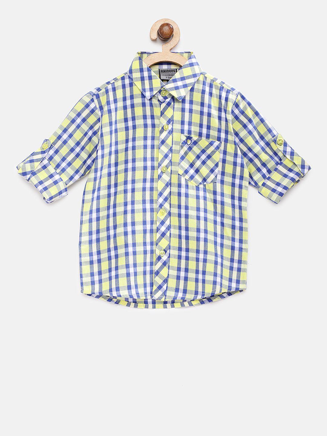 rikidoos boys navy blue regular fit checked casual shirt