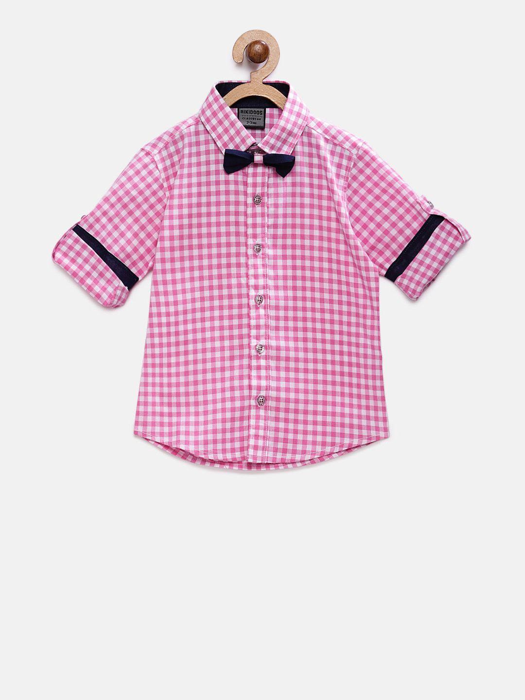 rikidoos boys pink & white regular fit checked casual shirt