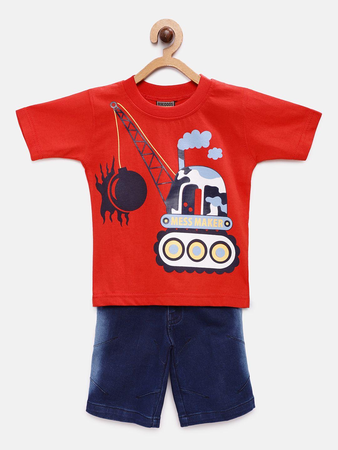 rikidoos boys red & blue printed t-shirt with shorts