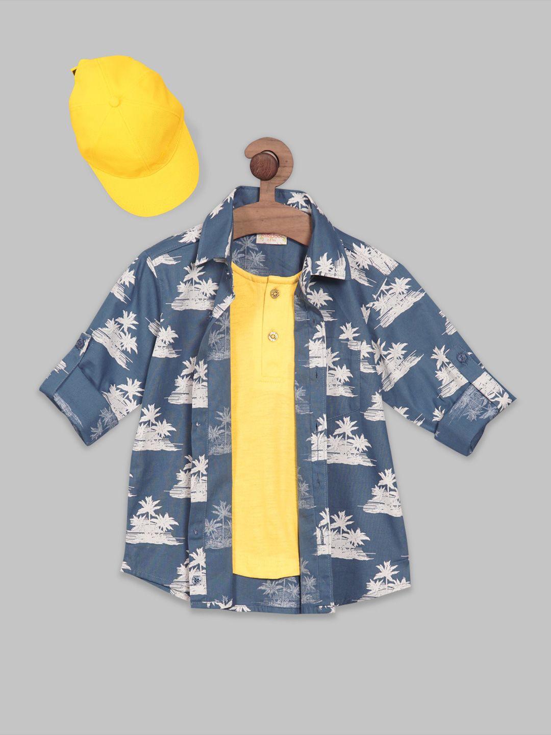 rikidoos boys tropical printed smart casual cotton shirt with attached t-shirt & cap