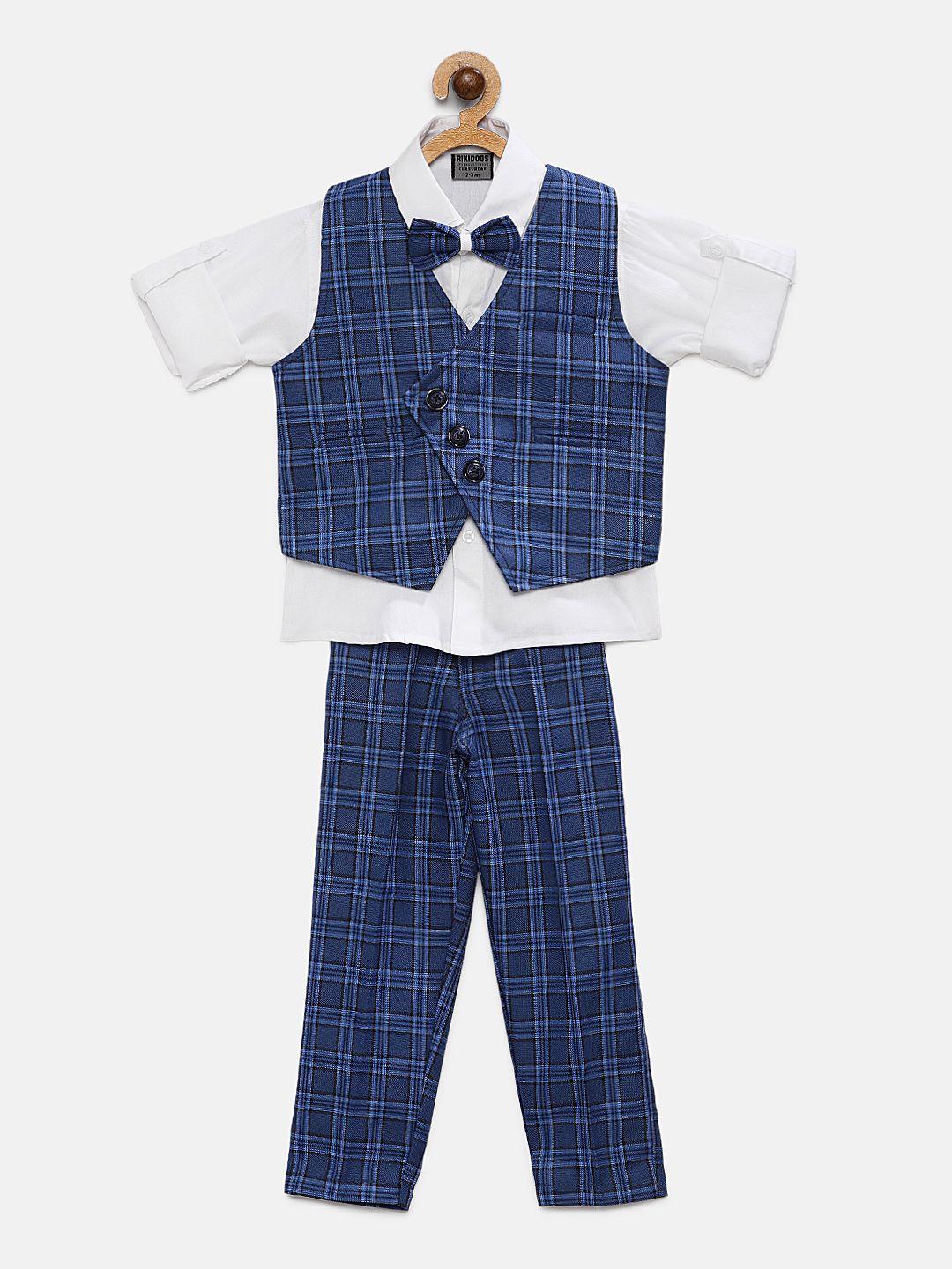 rikidoos boys white & blue pure cotton shirt & trousers with waistcoat & bow tie