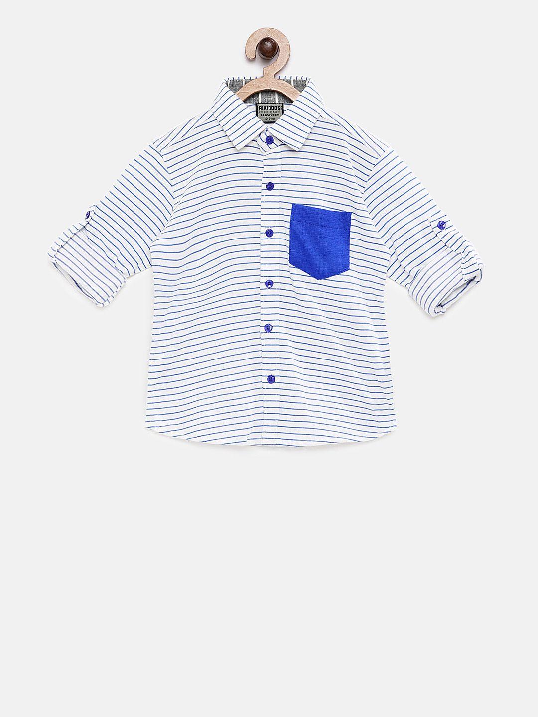 rikidoos boys white & blue tailored fit striped casual shirt