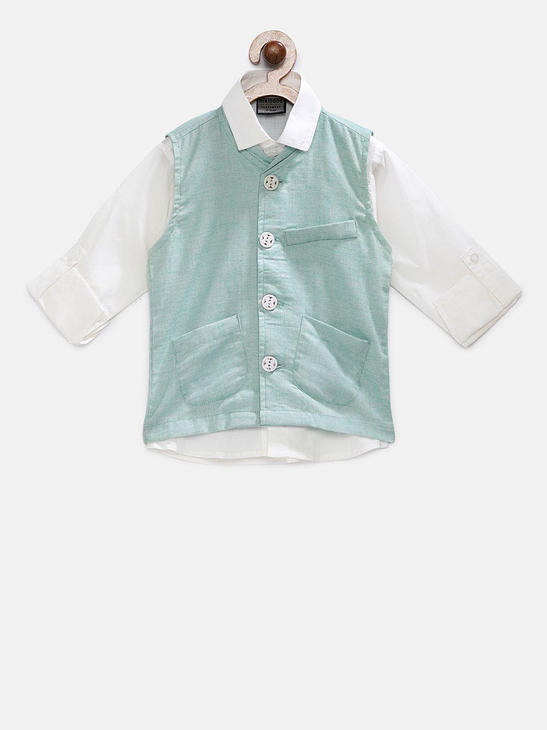 rikidoos boys white & green regular fit solid casual shirt