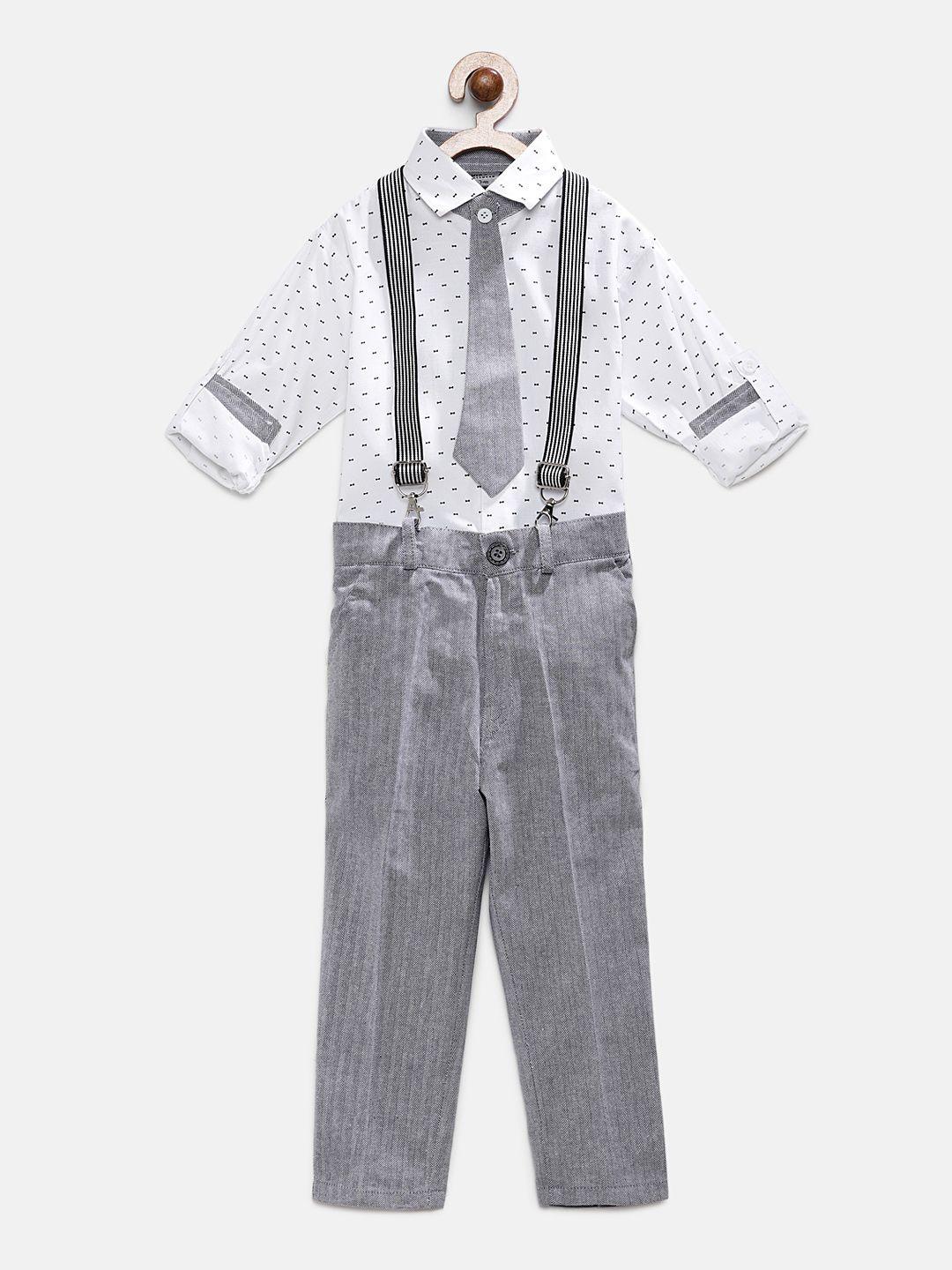 rikidoos boys white & grey pure cotton printed shirt & trousers with tie & suspenders