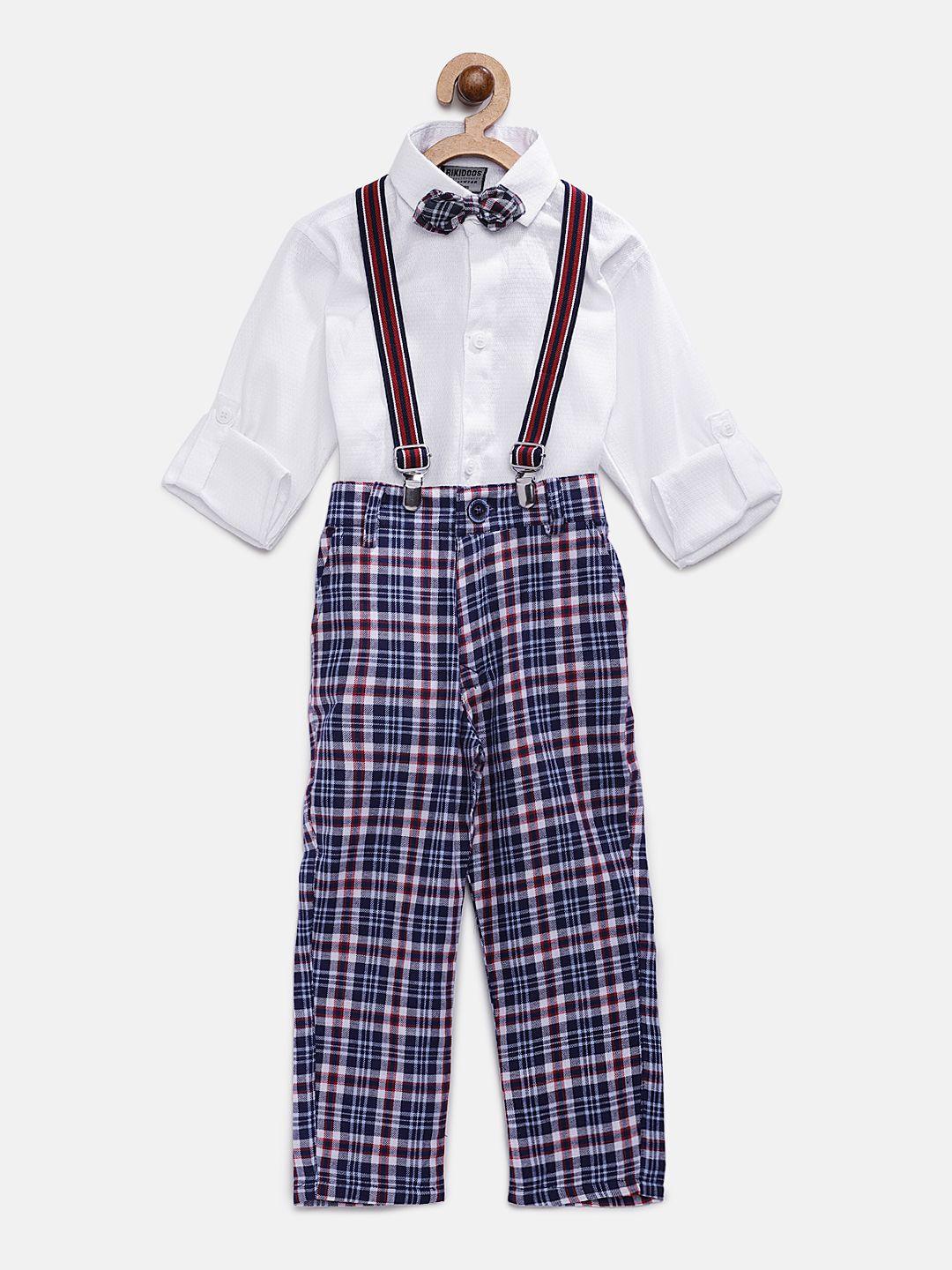 rikidoos boys white & navy blue solid shirt with trousers