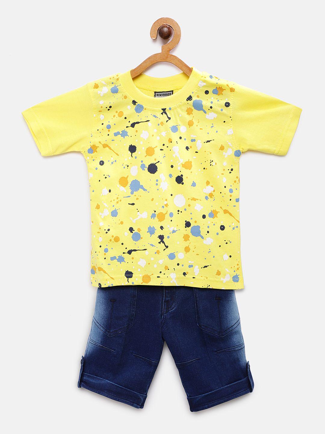 rikidoos boys yellow & blue printed t-shirt with shorts