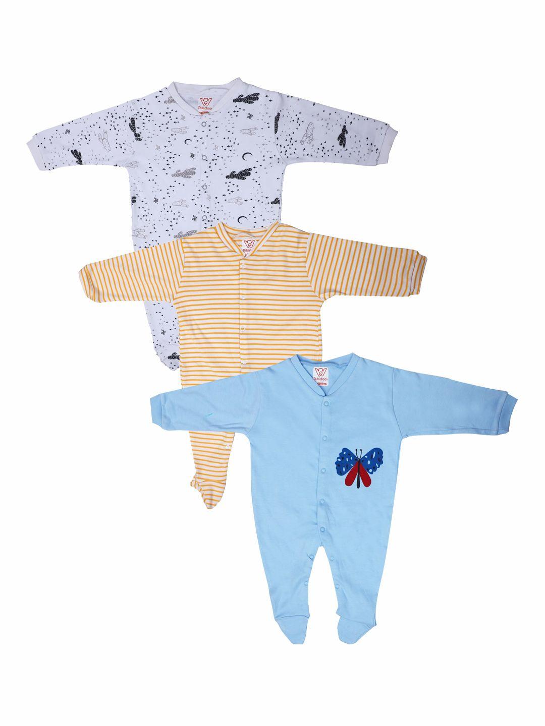 rikidoos pack of 3 white & blue printed cotton rompers