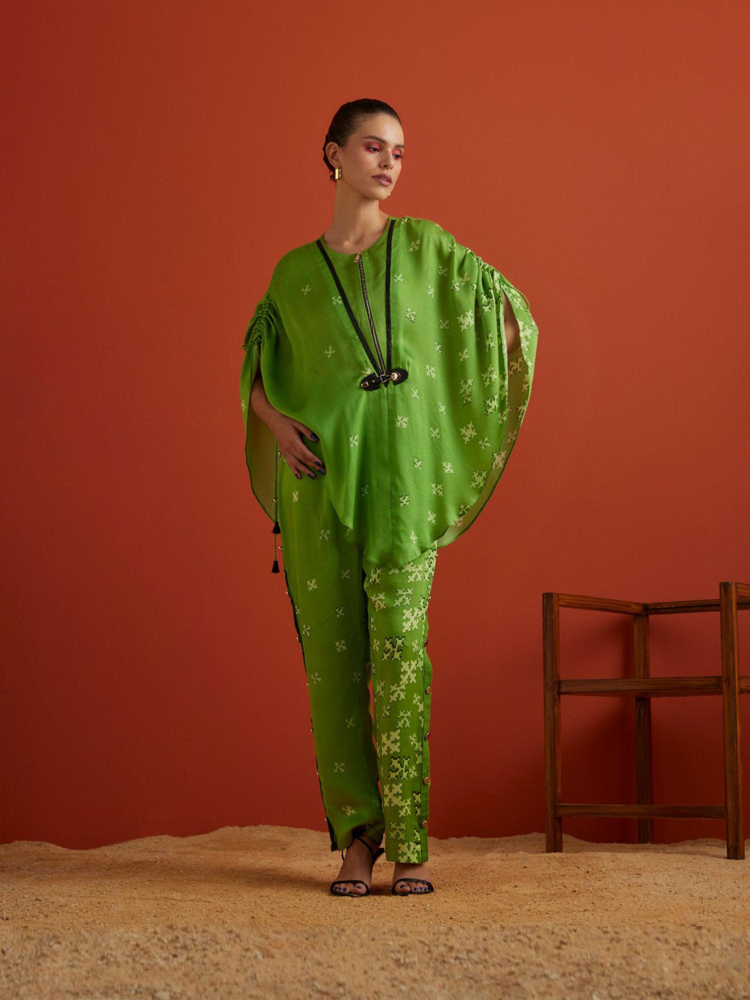 riku green printed kaftan top with pant (set of 2)