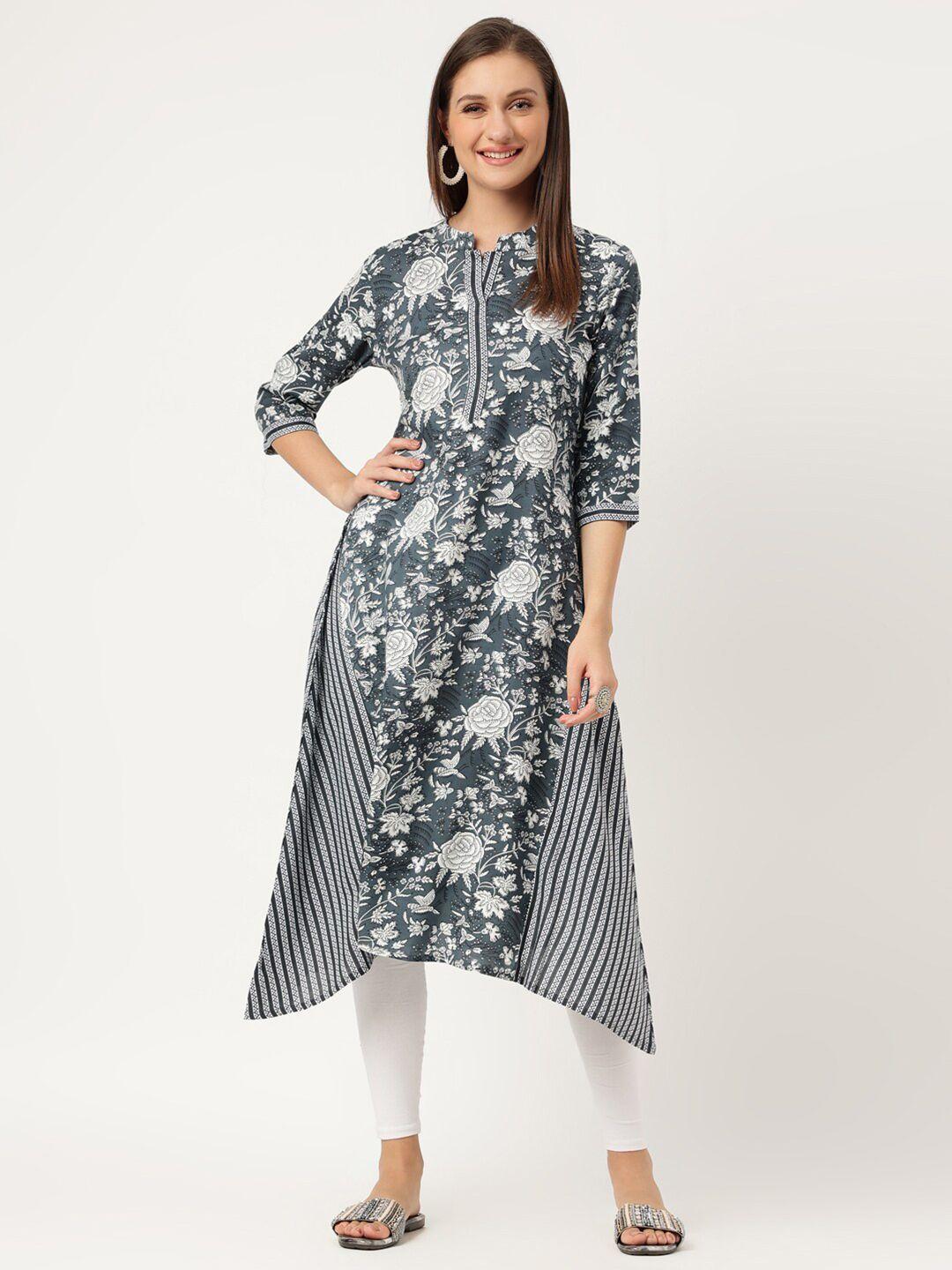 rimeline floral printed mandarin collar asymmetric a-line kurti