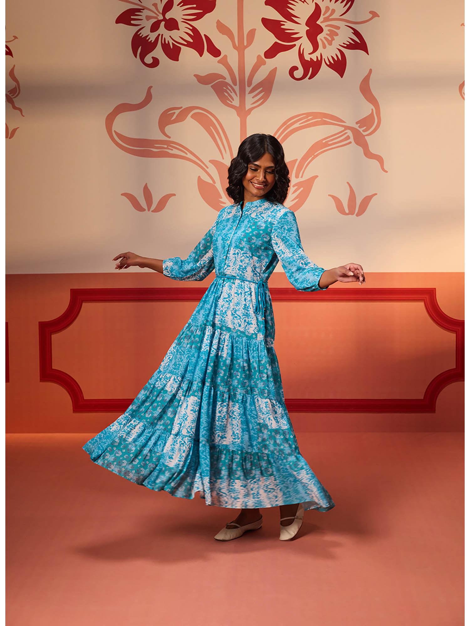 rinaz blue printed viscose georgette indo-western dress for women