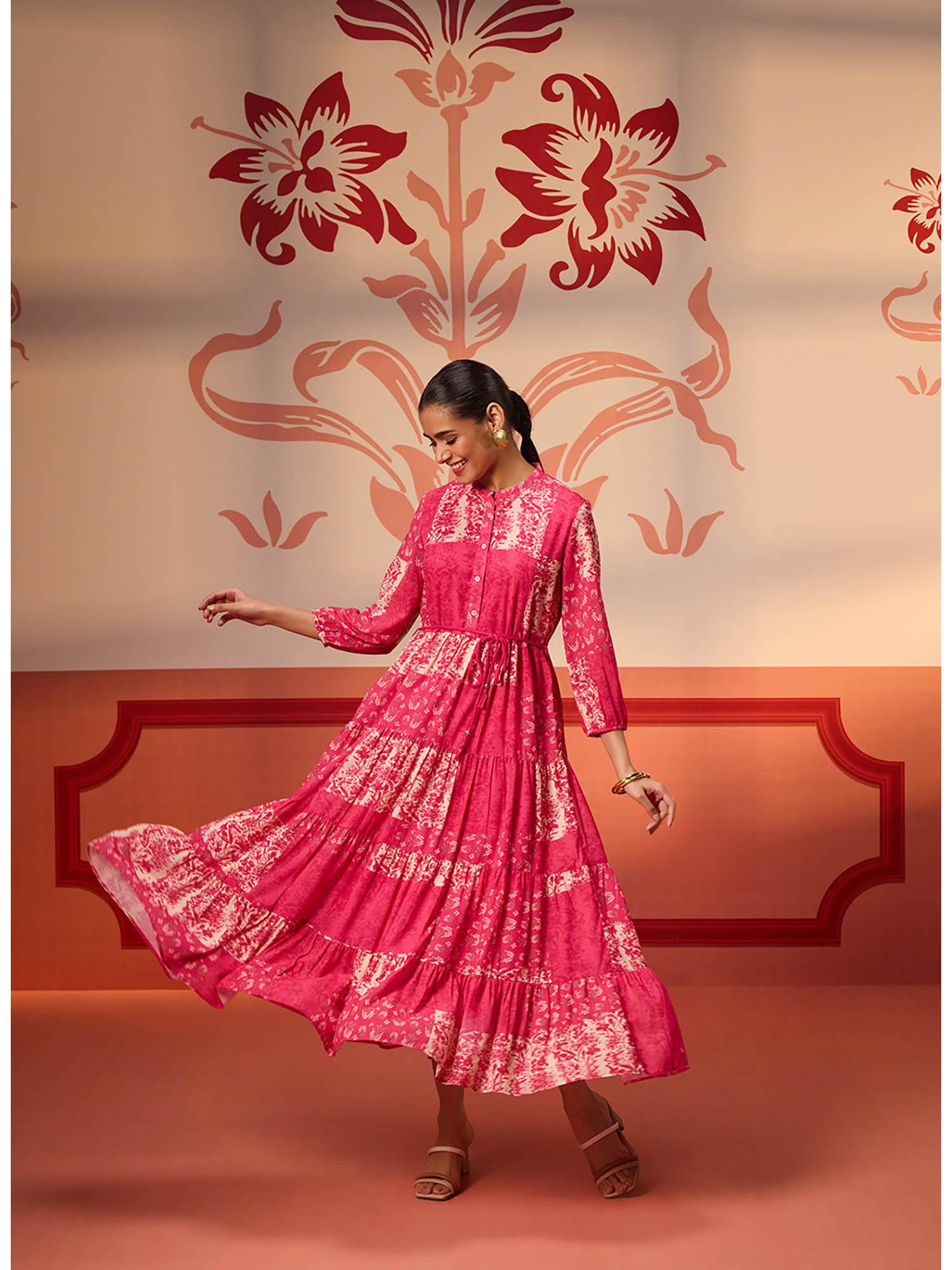 rinaz fuchsia pink printed viscose georgette indo-western dress for women