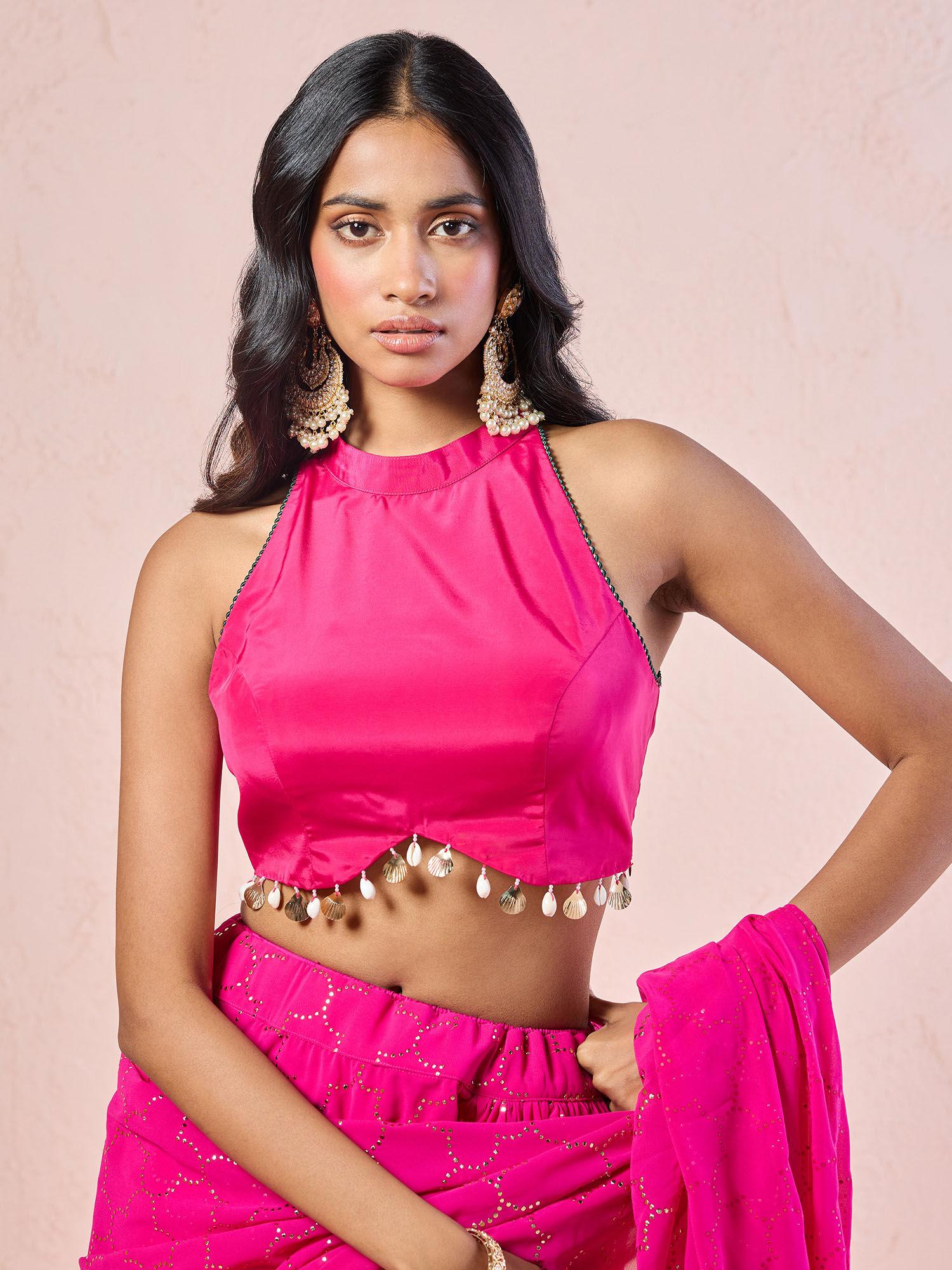 rishi vibhuti fuschia pink shell tassle embellished incut blouse