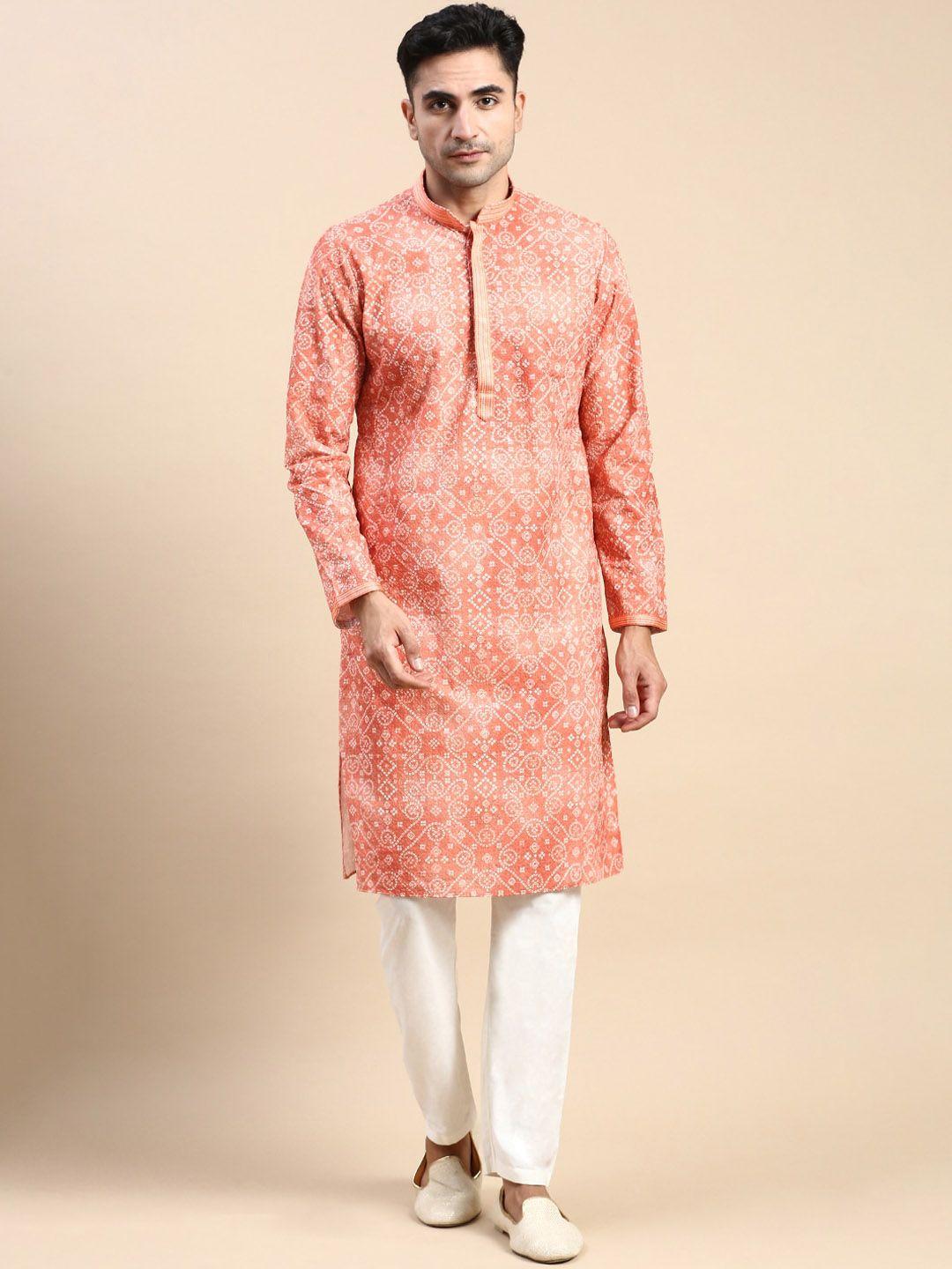 rishika bandhani printed mandarin collar thread work straight kurta