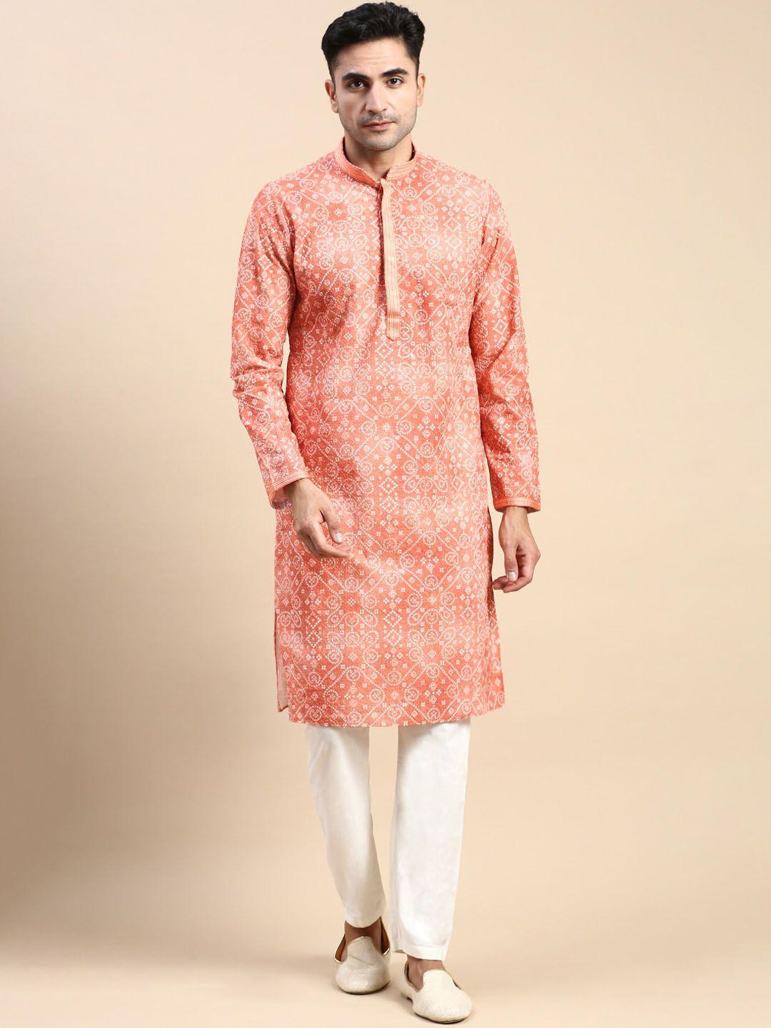 rishika bandhani printed thread work mandarin collar kurta with pyjamas