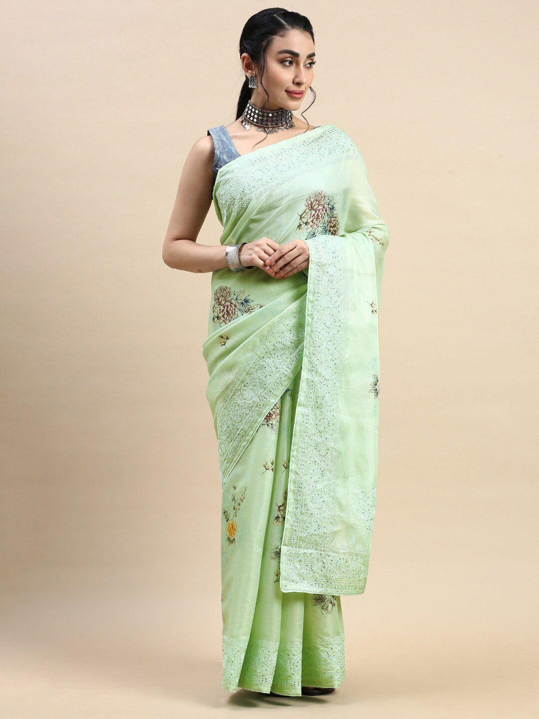 rishika green & yellow floral silk blend chanderi saree