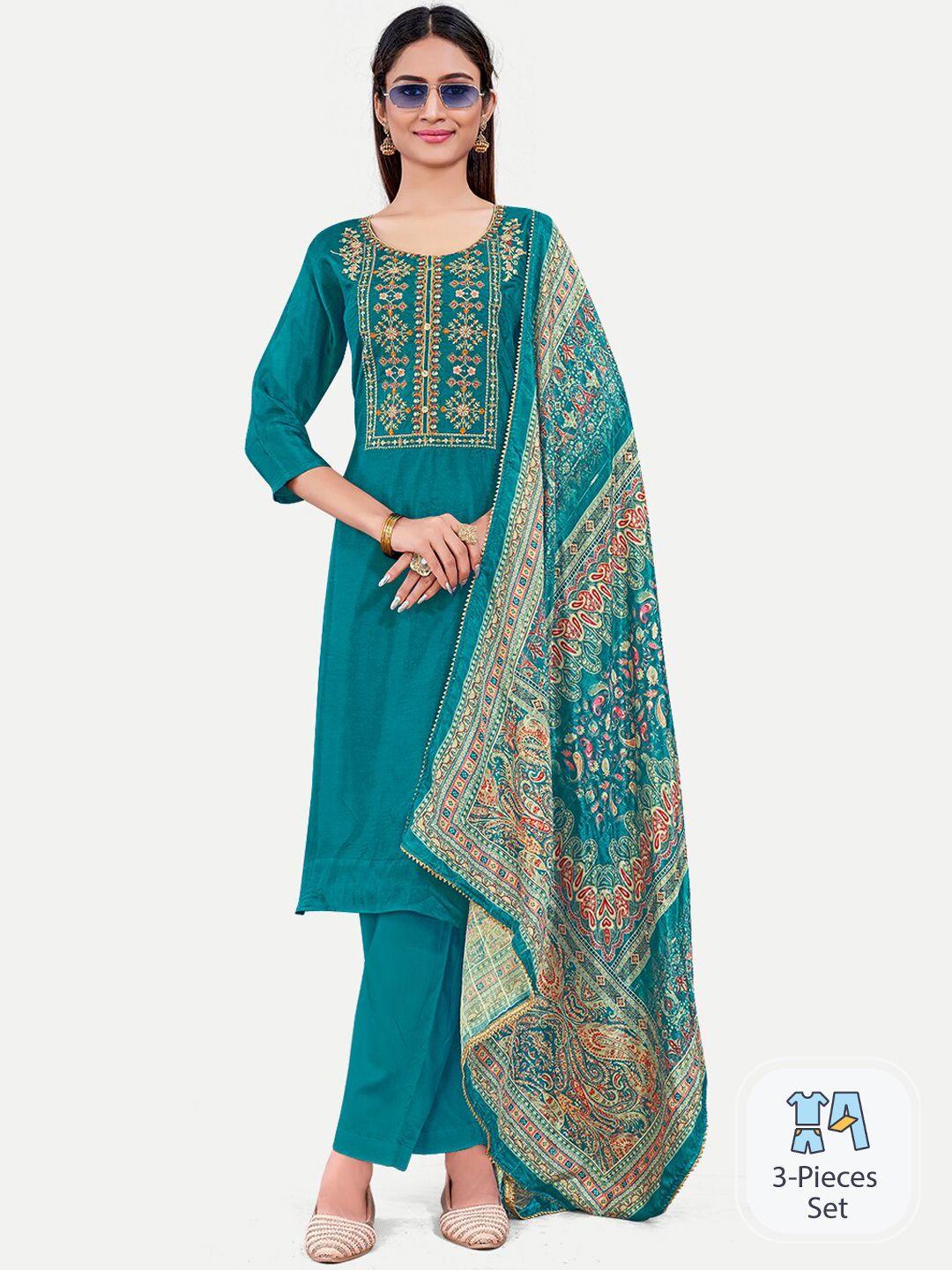 riti floral yoke design regular pure silk kurta with trousers & dupatta