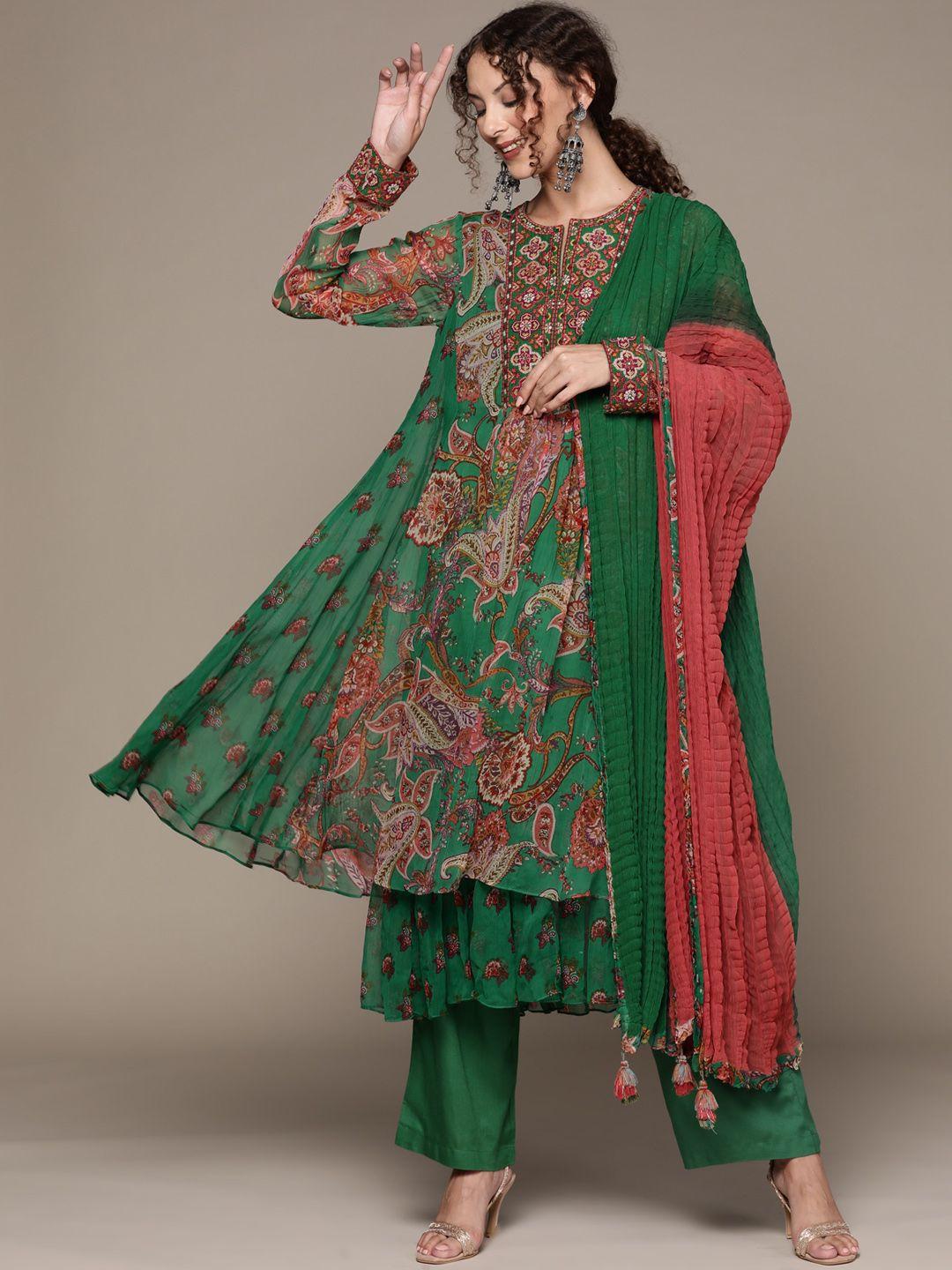 ritu kumar women green floral embroidered kurta set