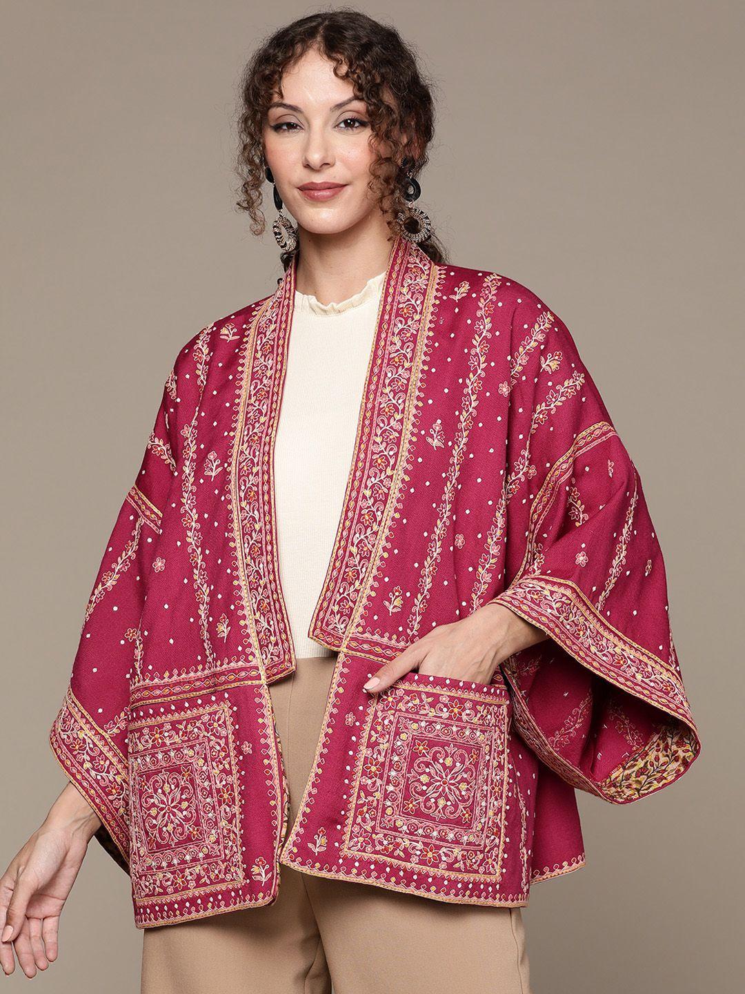 ritu kumar women maroon & gold-toned ethnic embroidered shrug