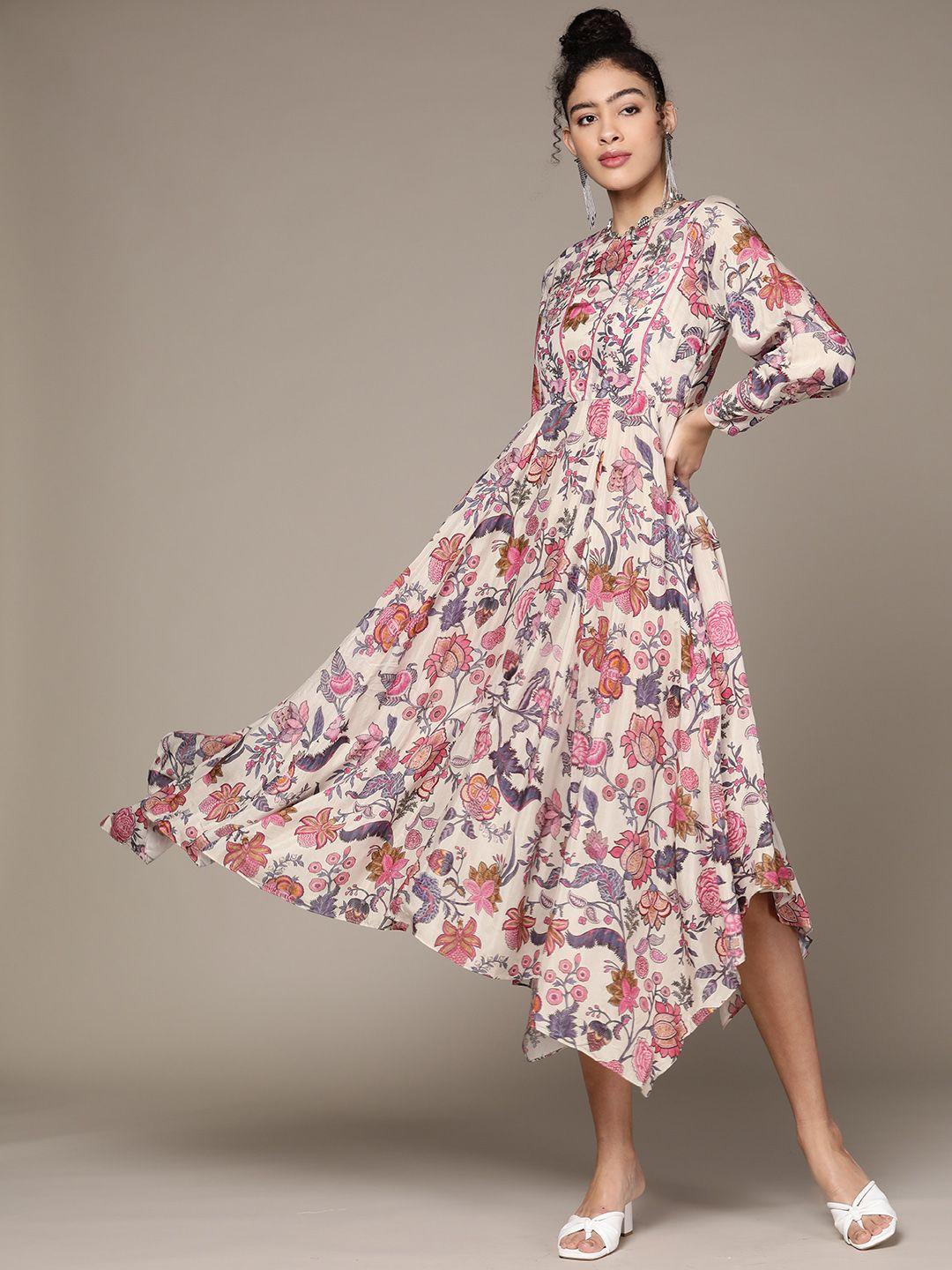 ritu kumar women off white & pink floral printed a-line midi dress