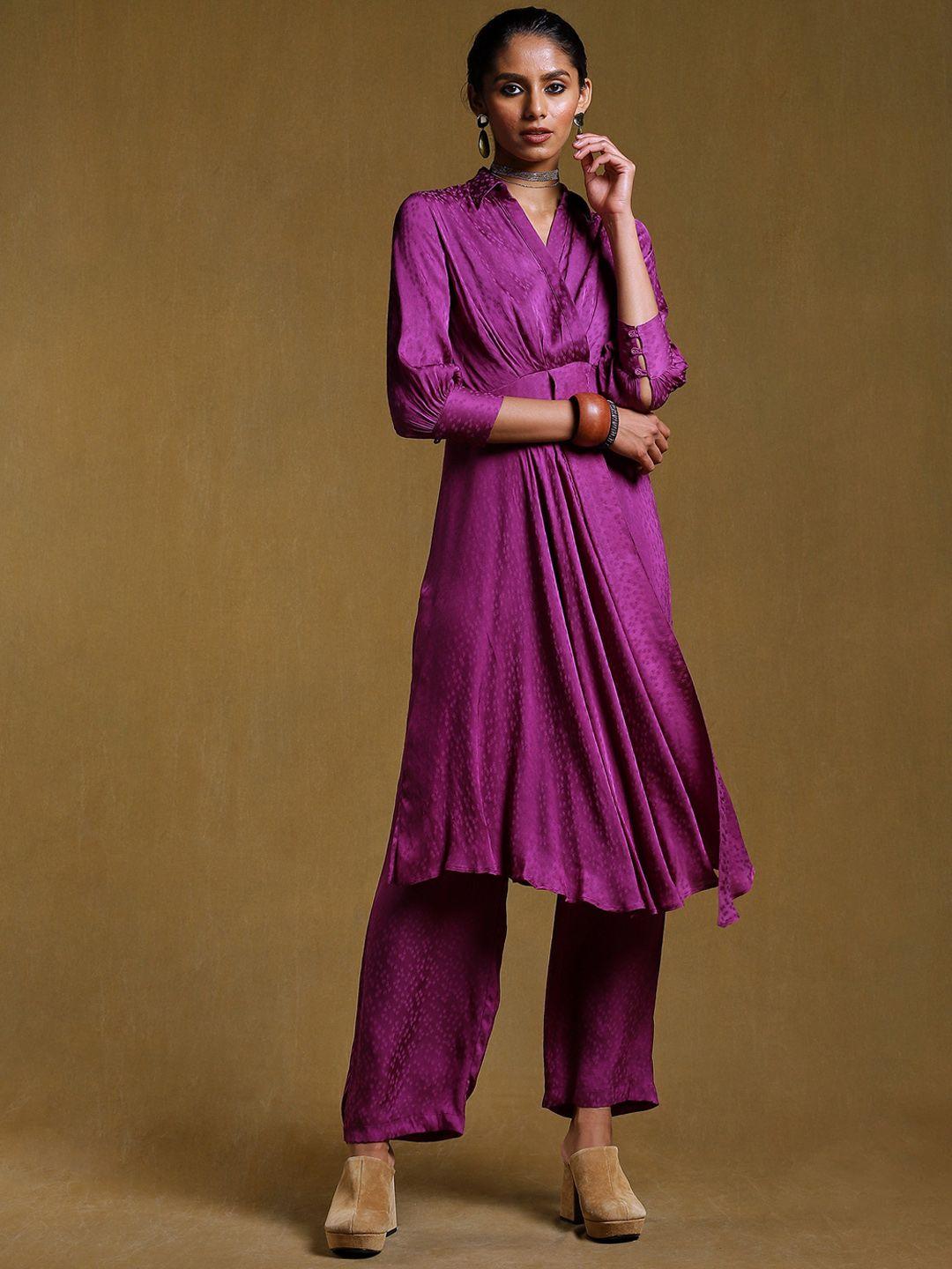 ritu kumar women purple self design empire kurta with trousers