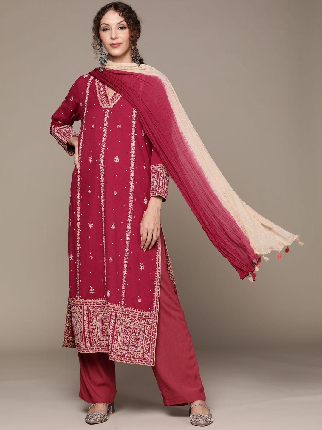 ritu kumar women red floral embroidered pure cotton kurta set