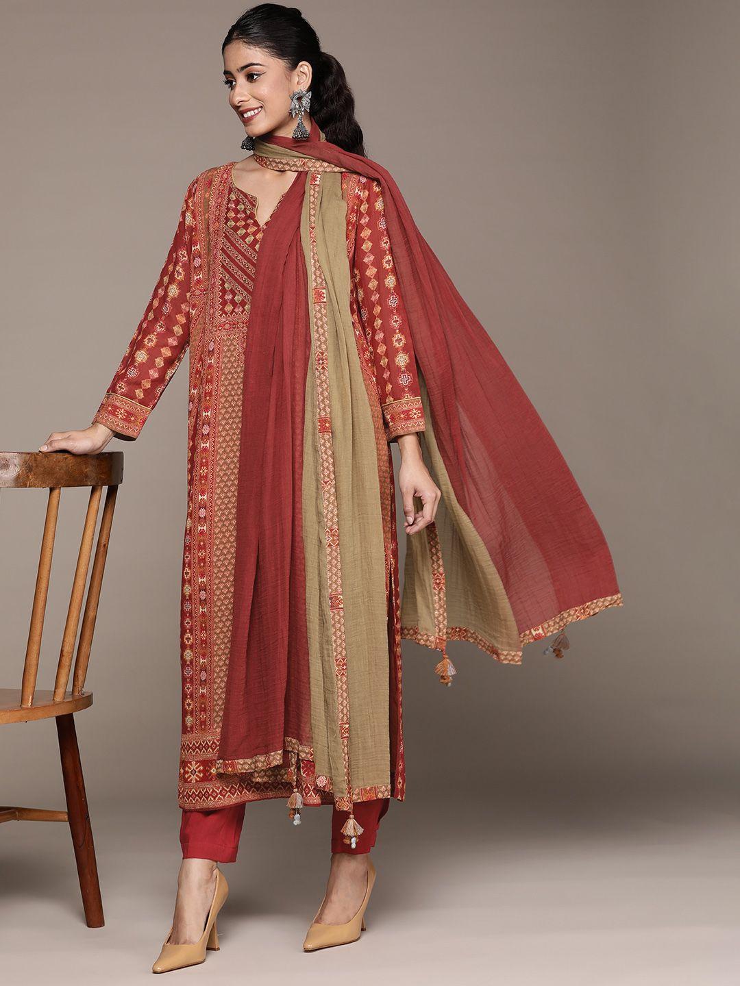 ritu kumar women rust ethnic motifs printed kurta with trousers & with dupatta