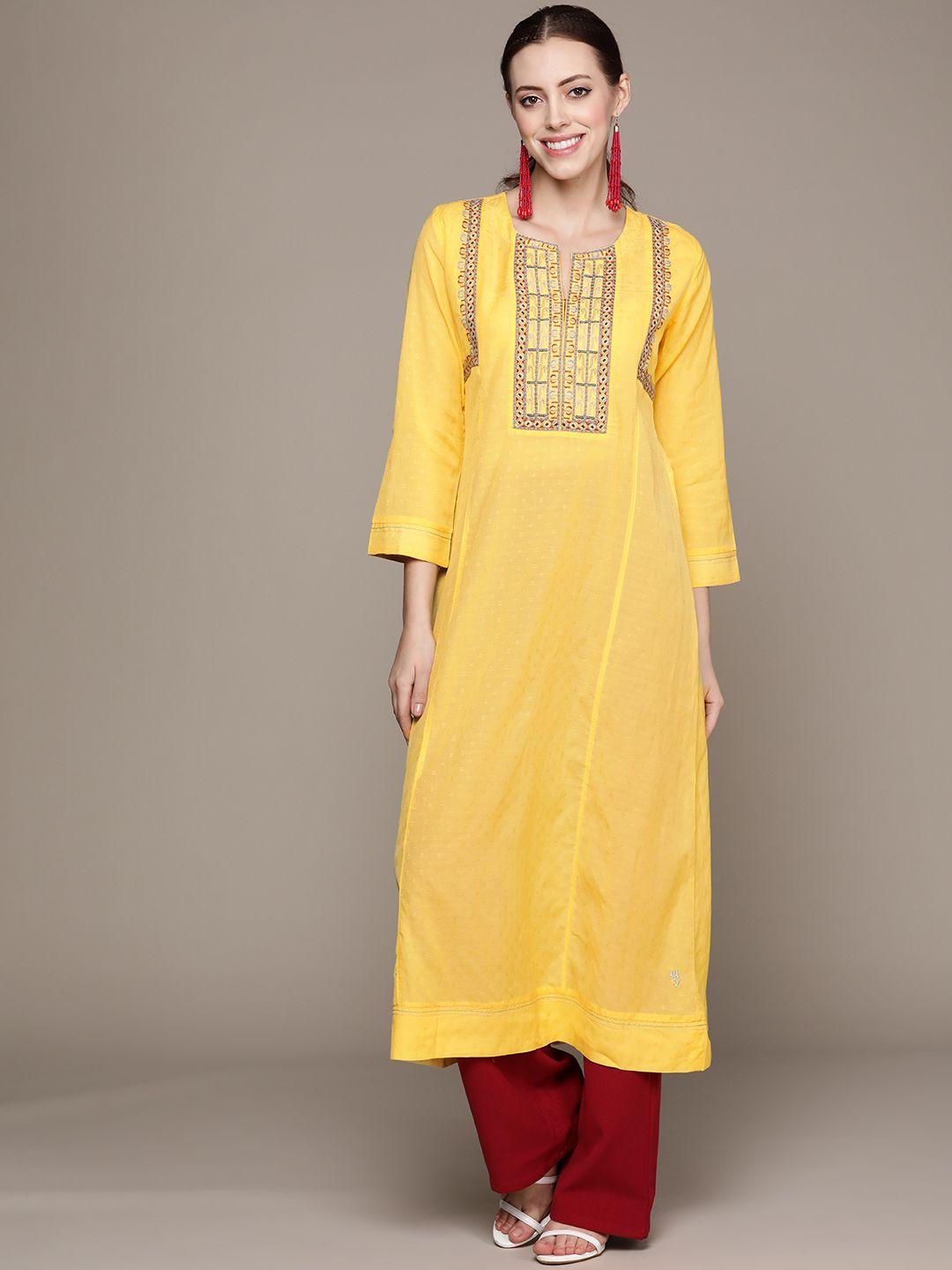 ritu kumar women yellow ethnic motifs embroidered yoke design kurta