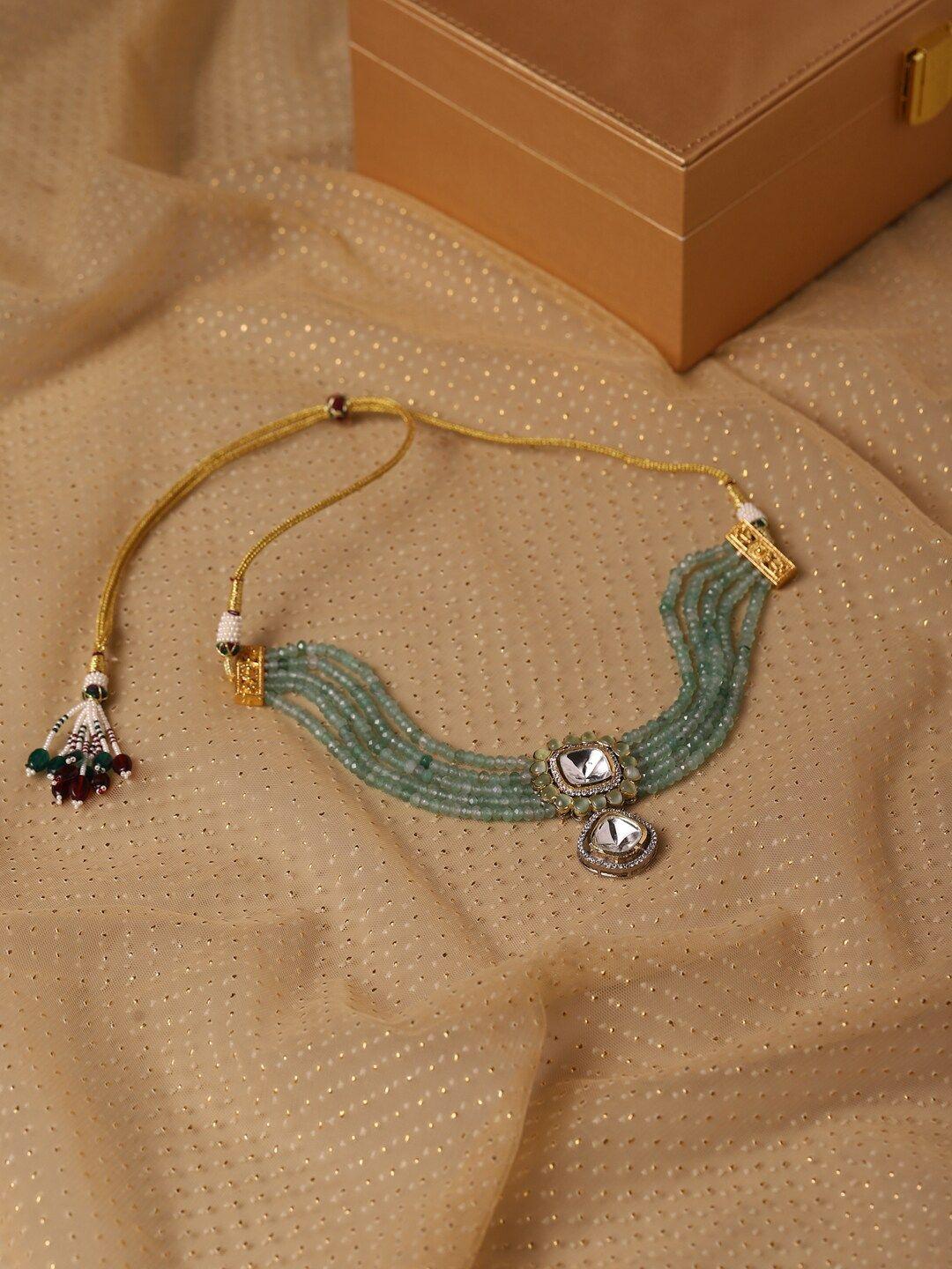 ritu singh green & white rhodium-plated necklace