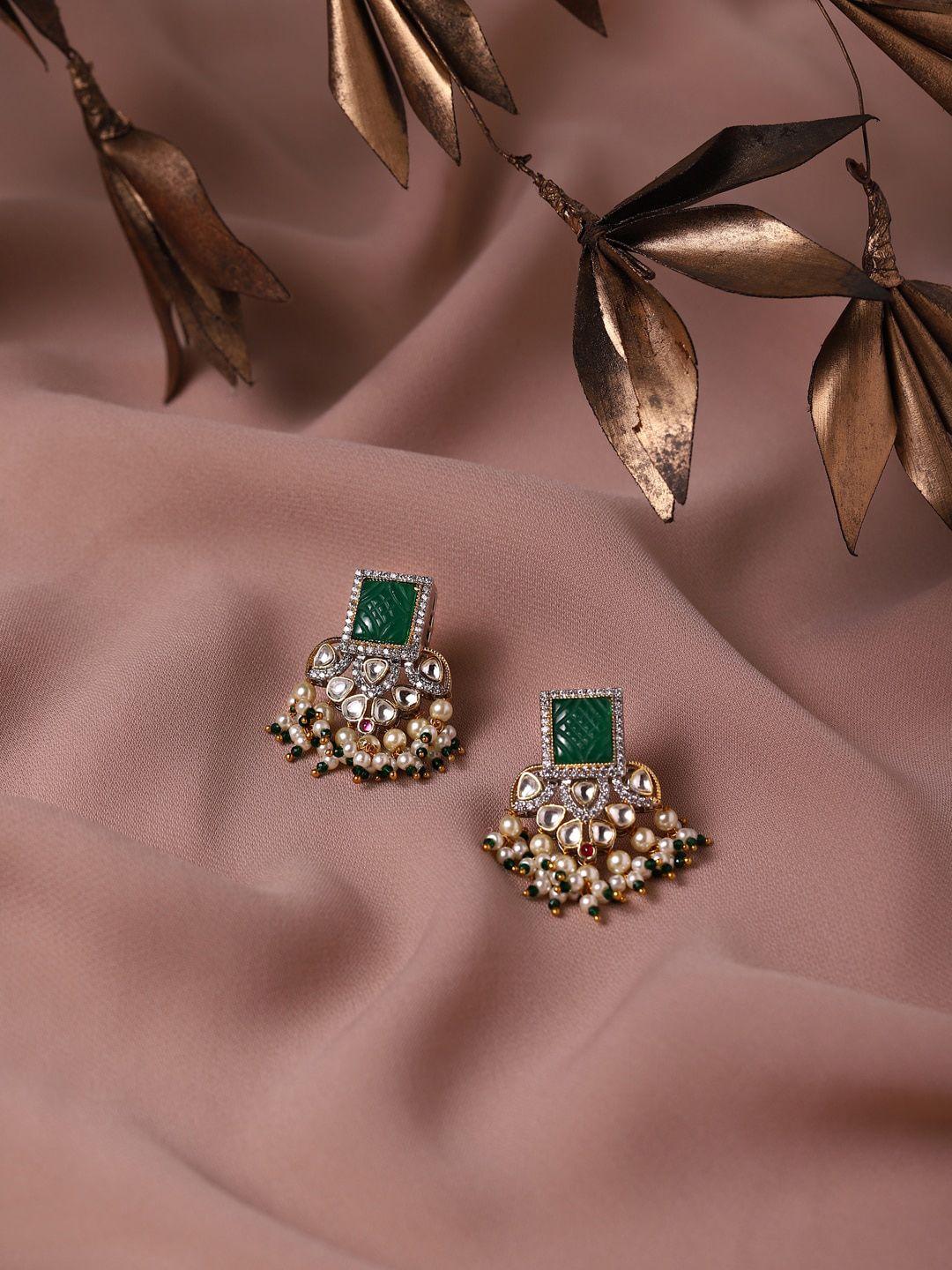 ritu singh green rhodium plated square studs earrings