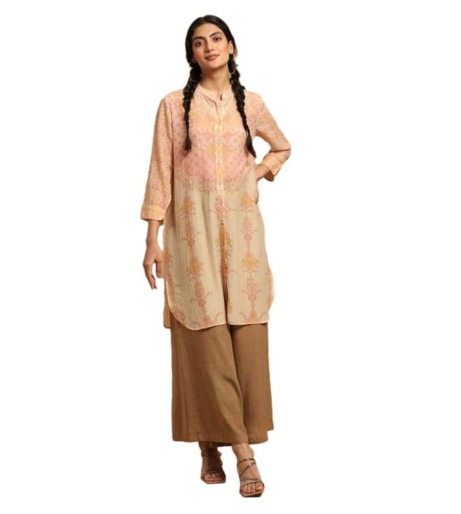 ritu kumar beige printed long straight shirt