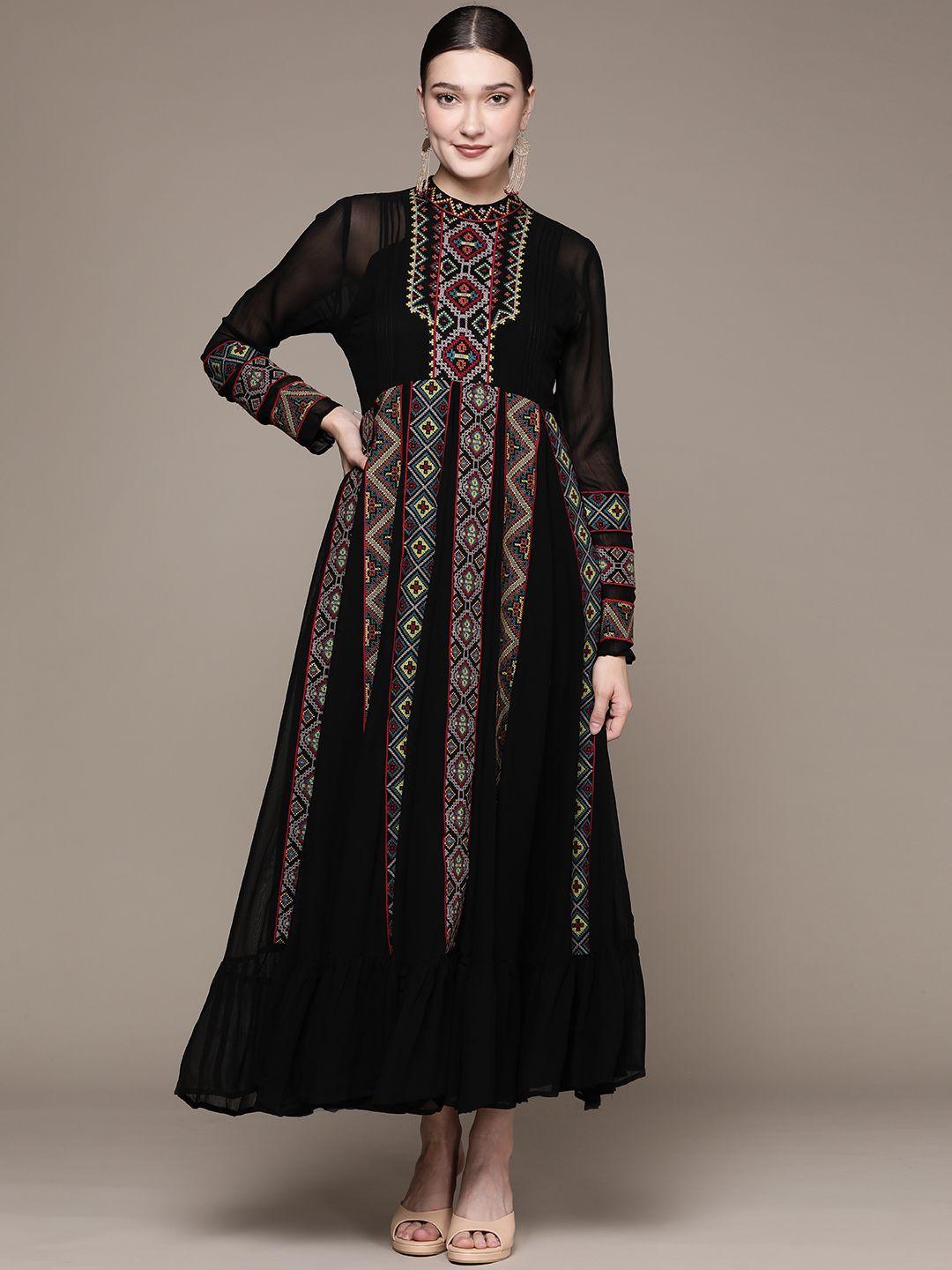 ritu kumar black embroidered georgette maxi dress
