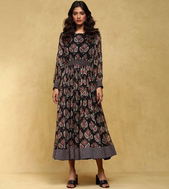 ritu kumar black zohra botanic print long dress